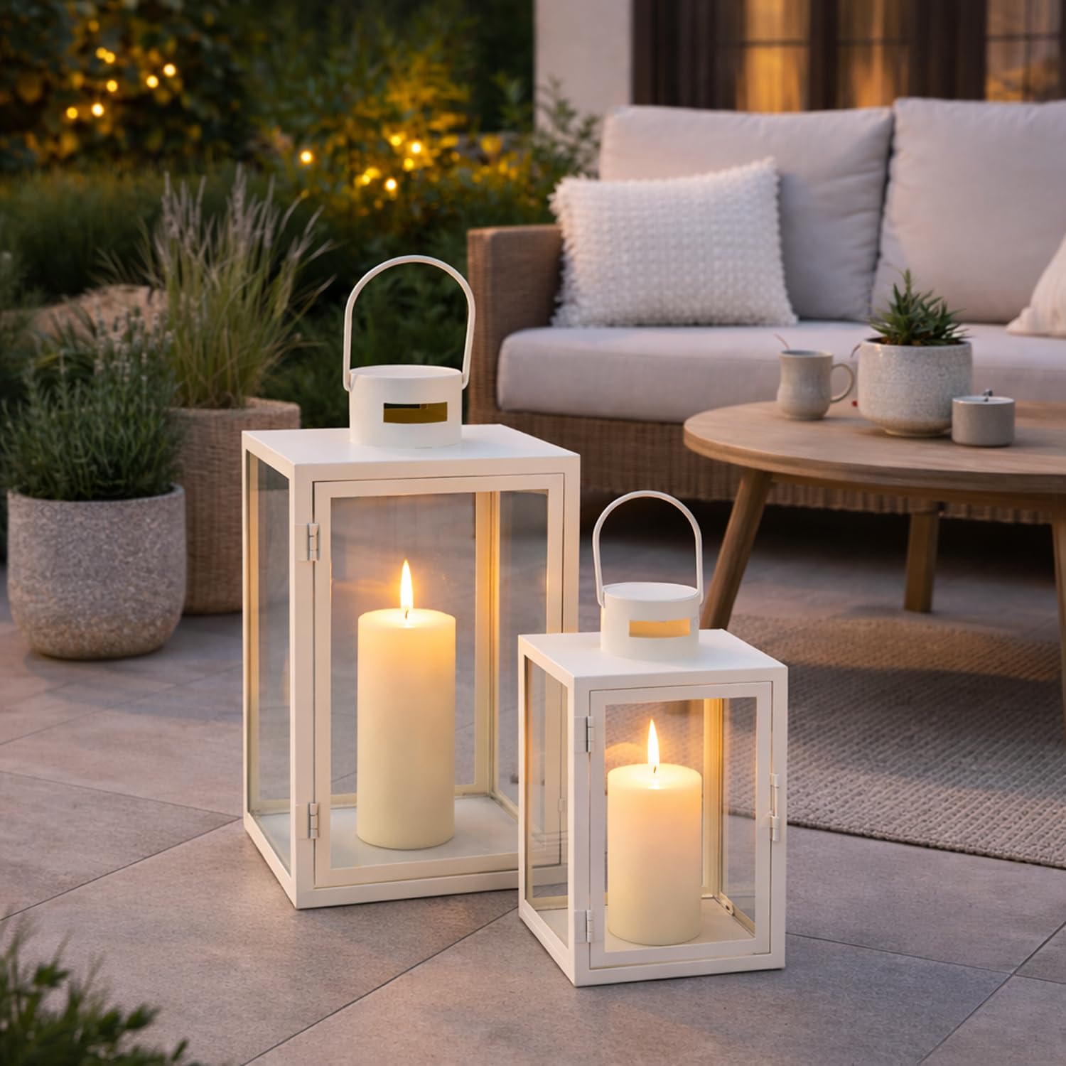 Mojawo Set di 2 lanterne da giardino XXL, lanterne in metallo, decorazione per esterni, in metallo, bianco crema, ca. 30/41 cm