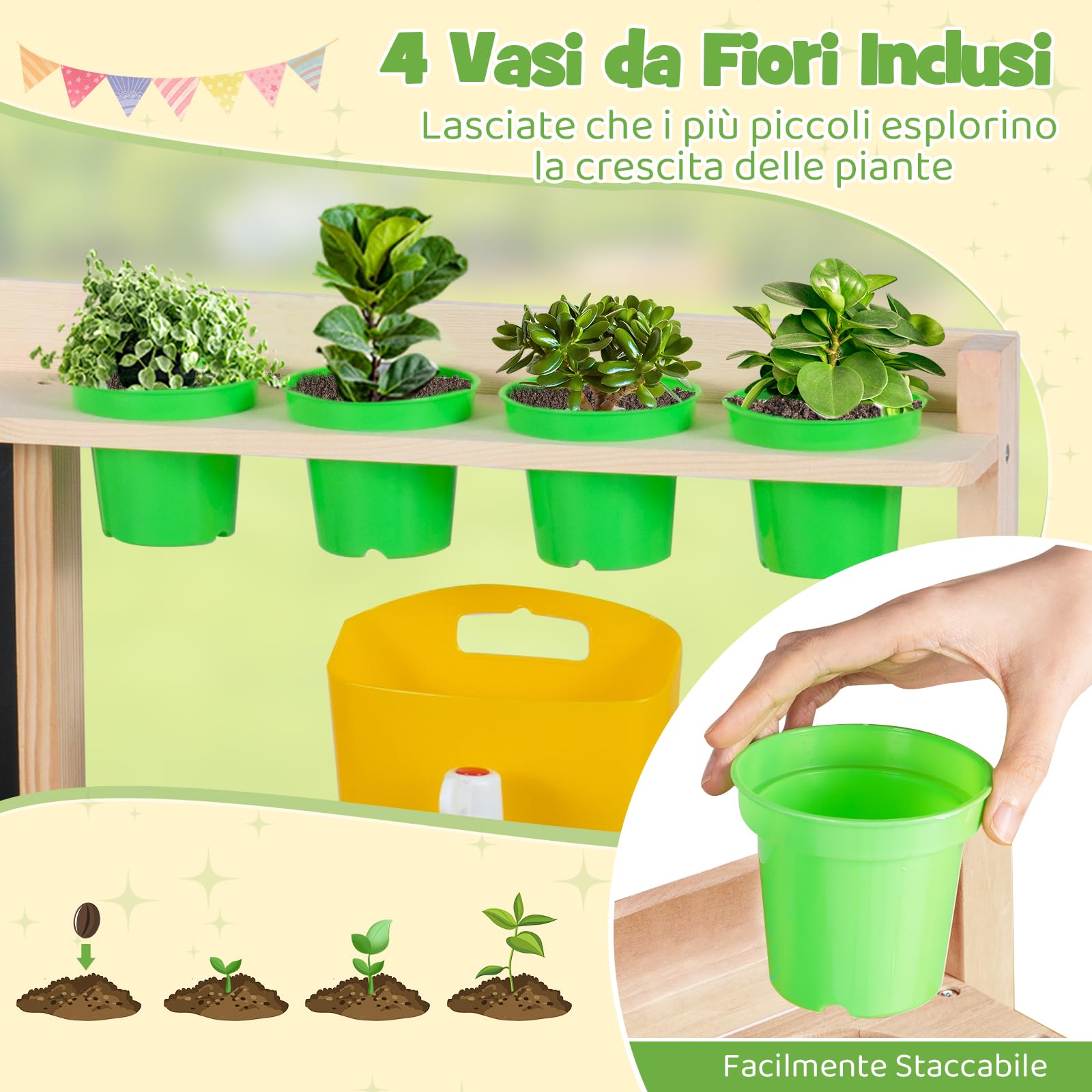COSTWAY Cucina Giocattolo in Legno Massello, Cucina da Gioco con Rubinetto e Fioriera Removibile, Gioco Imitazione Fango e Giardinaggio all'Aperto, per Bambini 3+ Anni, 73 x 36 x 92 cm