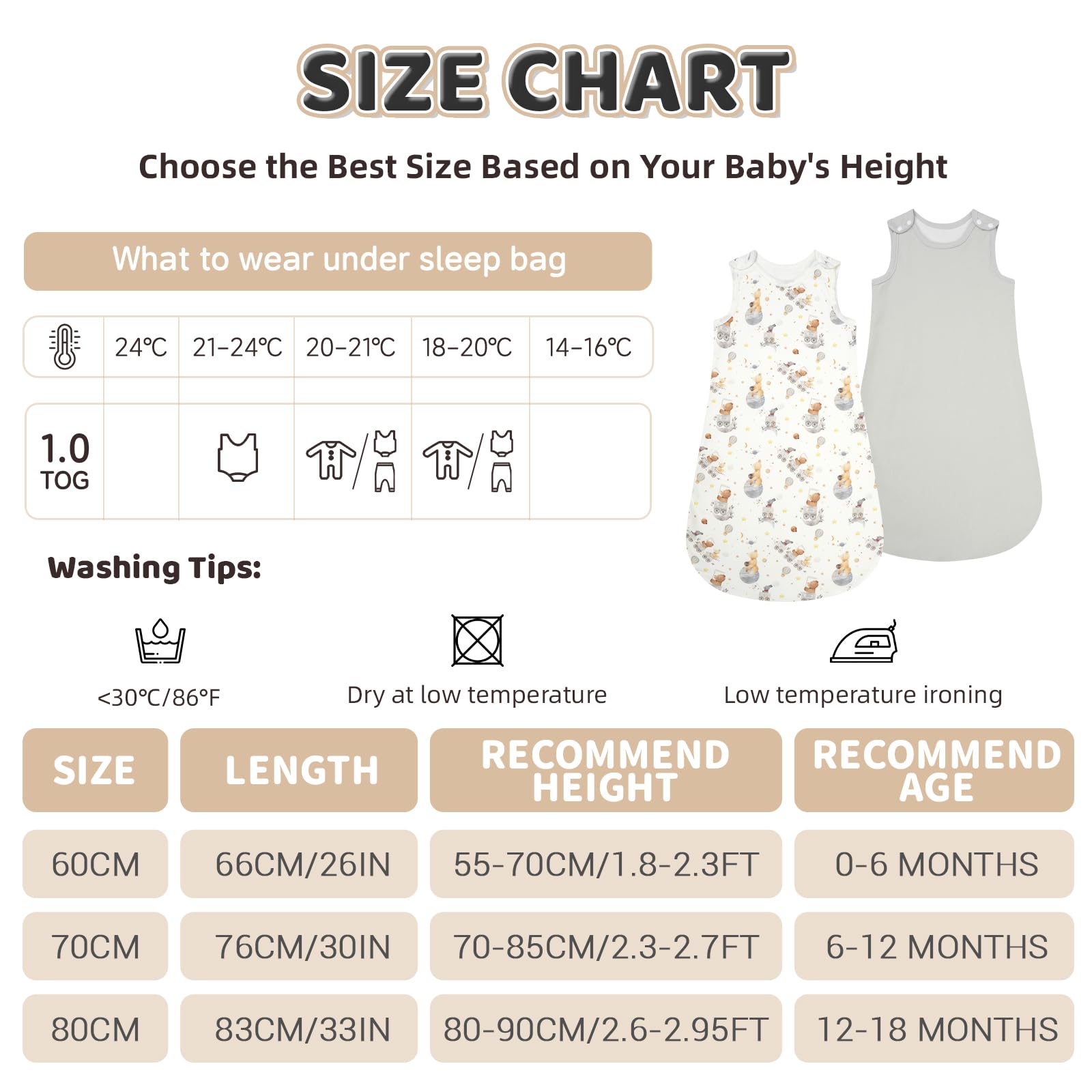 WYTbaby Gigoteuse Bébé 1 Tog, 100% Coton, Gigoteuse à Pied avec Boutons Pression et Fermeture Éclair sur le Côté, Gigoteuse avec Jambes pour toute l'année 2 Pack pour Filles Garçons