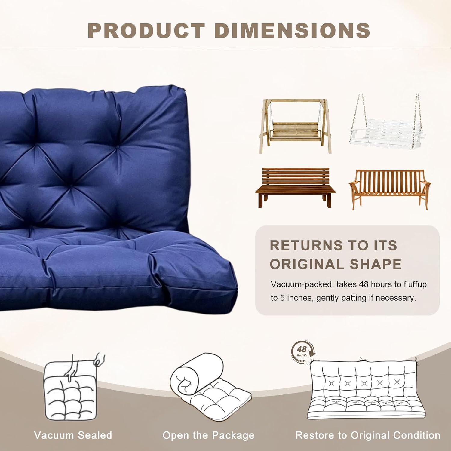 Porch Swing Cushion with Backrest,Waterproof Bench Cushion for Outdoor Furniture,2-3 Seater Replacement Thickened Swing Cushion with Ties,Patio,Outdoor,Backyard and Garden (Navy Blue,47x40)