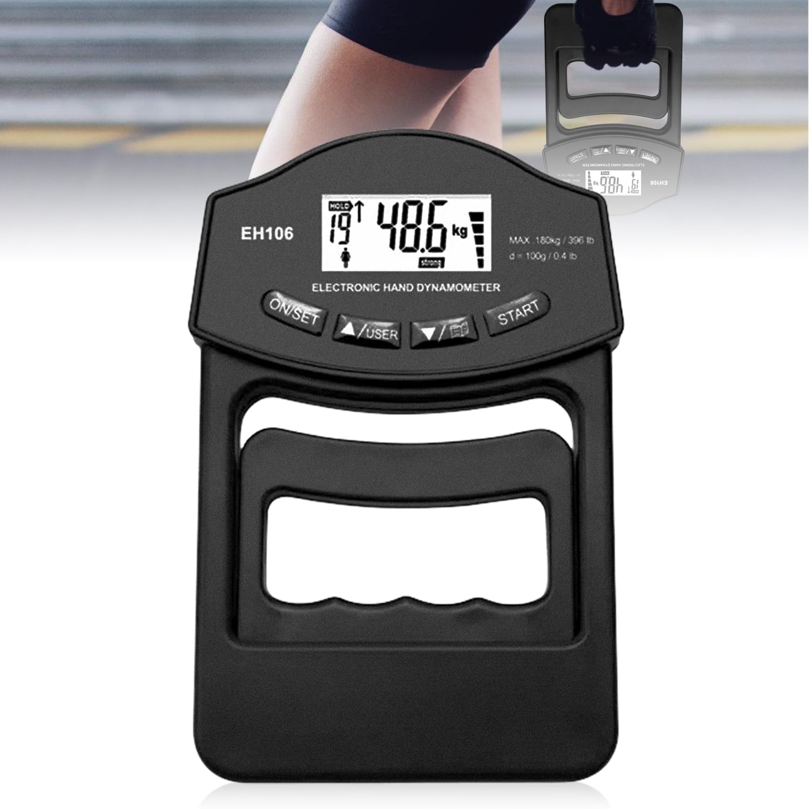 Appareil de force portatif numérique, 180 kg, testeur de force de préhension sensible, testeur de force de préhension électronique, grand écran LED avec câble de charge USB (noir)