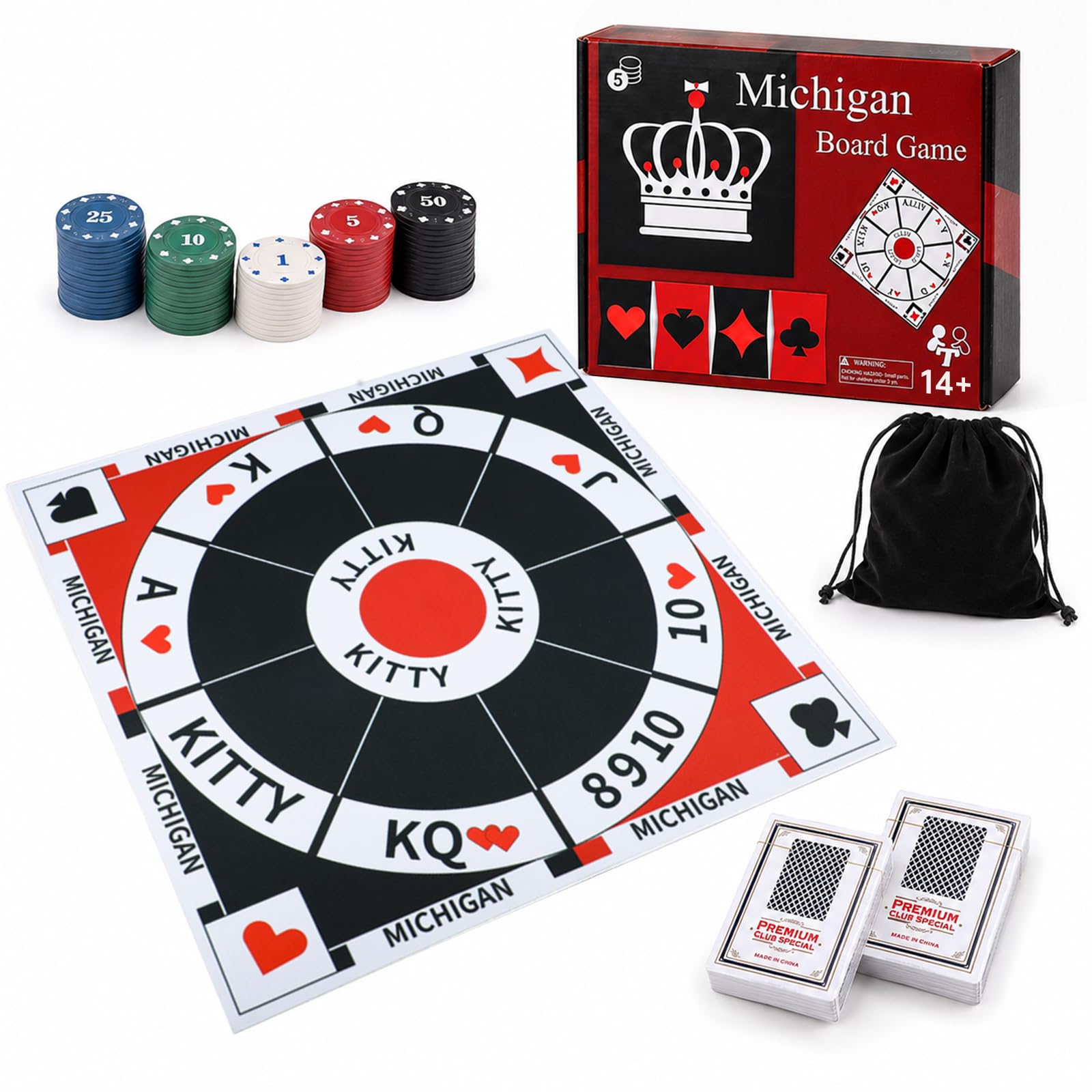 Michigan Rummy - Set da gioco da tavolo originale Joker Rummy Card Tripoley Game Board Tappetino pieghevole per adulti Royal Deluxe giochi da tavolo con 2 mazzi di carte e 200 fiches