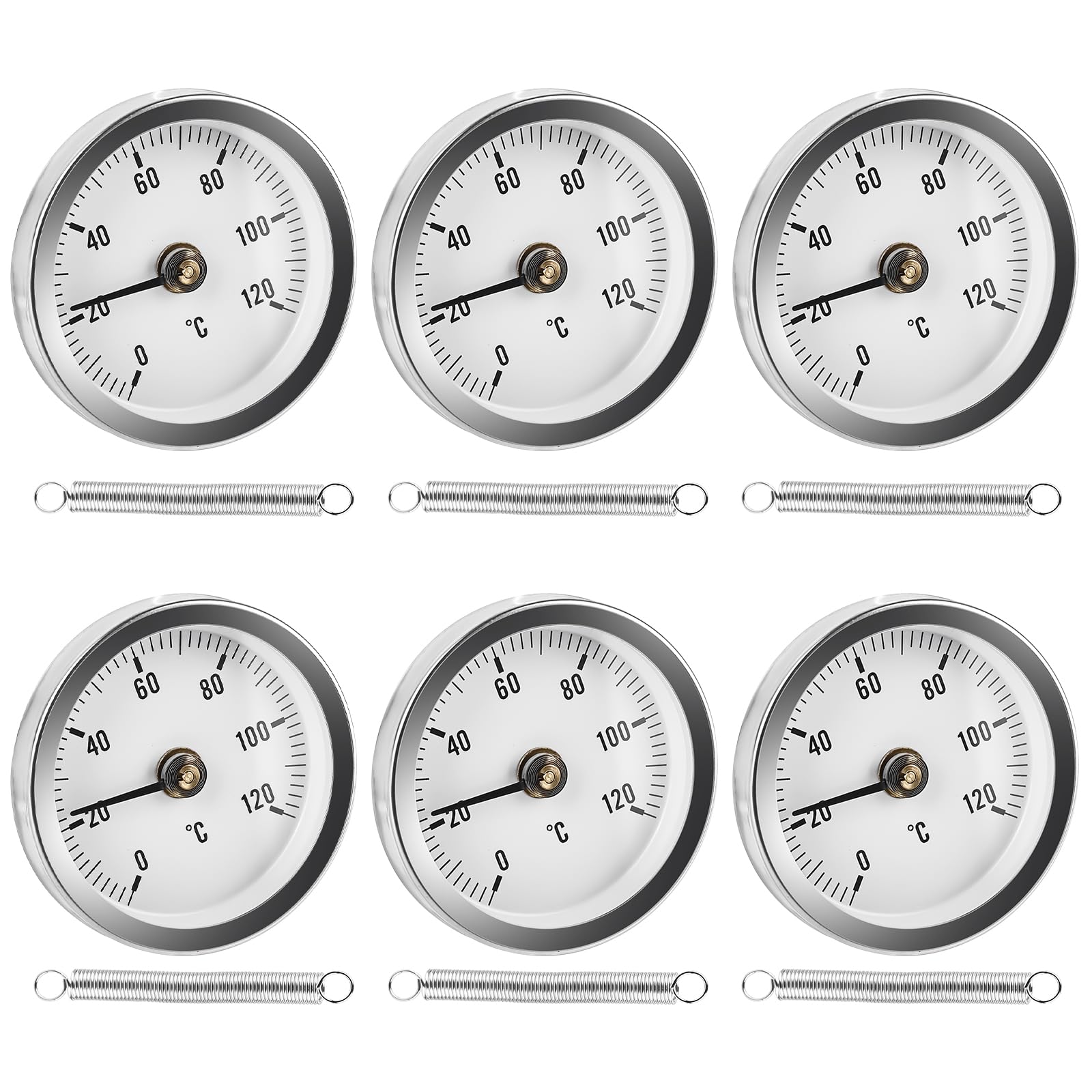 6 Stück Anlegethermometer, 63 mm 0-120 °C Anlegethermometer Heizungsrohr mit Clip-On Feder, Bimetall Anlegethermometer Thermometer, Kaminofen Rohr Thermometer für Heizanlagen und Kessel
