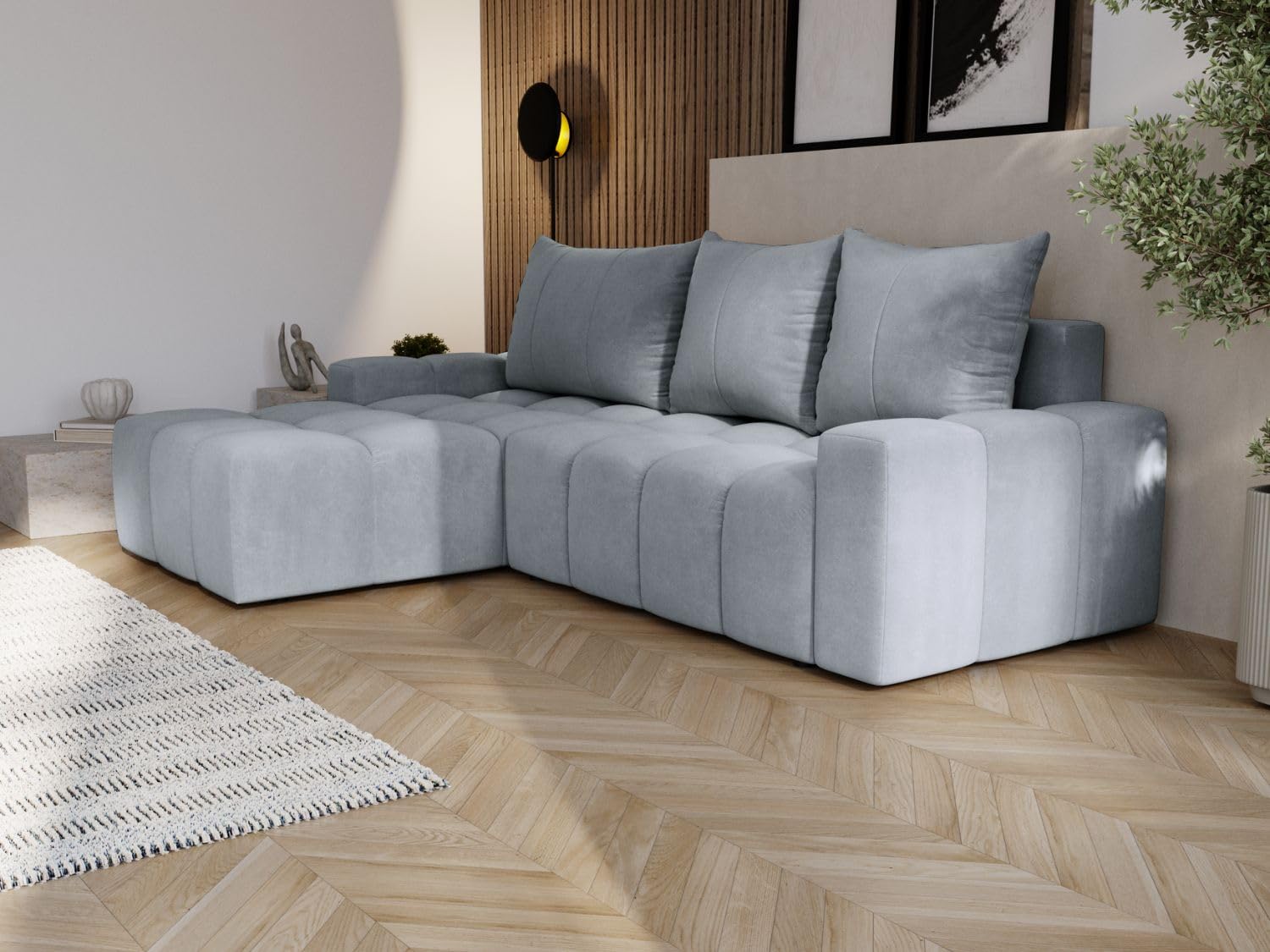 GRAINGOLD Bresso Ecksofa mit Schlaffunktion & Bettkasten 255x168 cm, L-Form Sofa mit Stauraum, Schlafcouch für Wohnzimmer, Samt Stoff, 3-Sitzer Eckcouch, Modernes Design (Hellgrau)