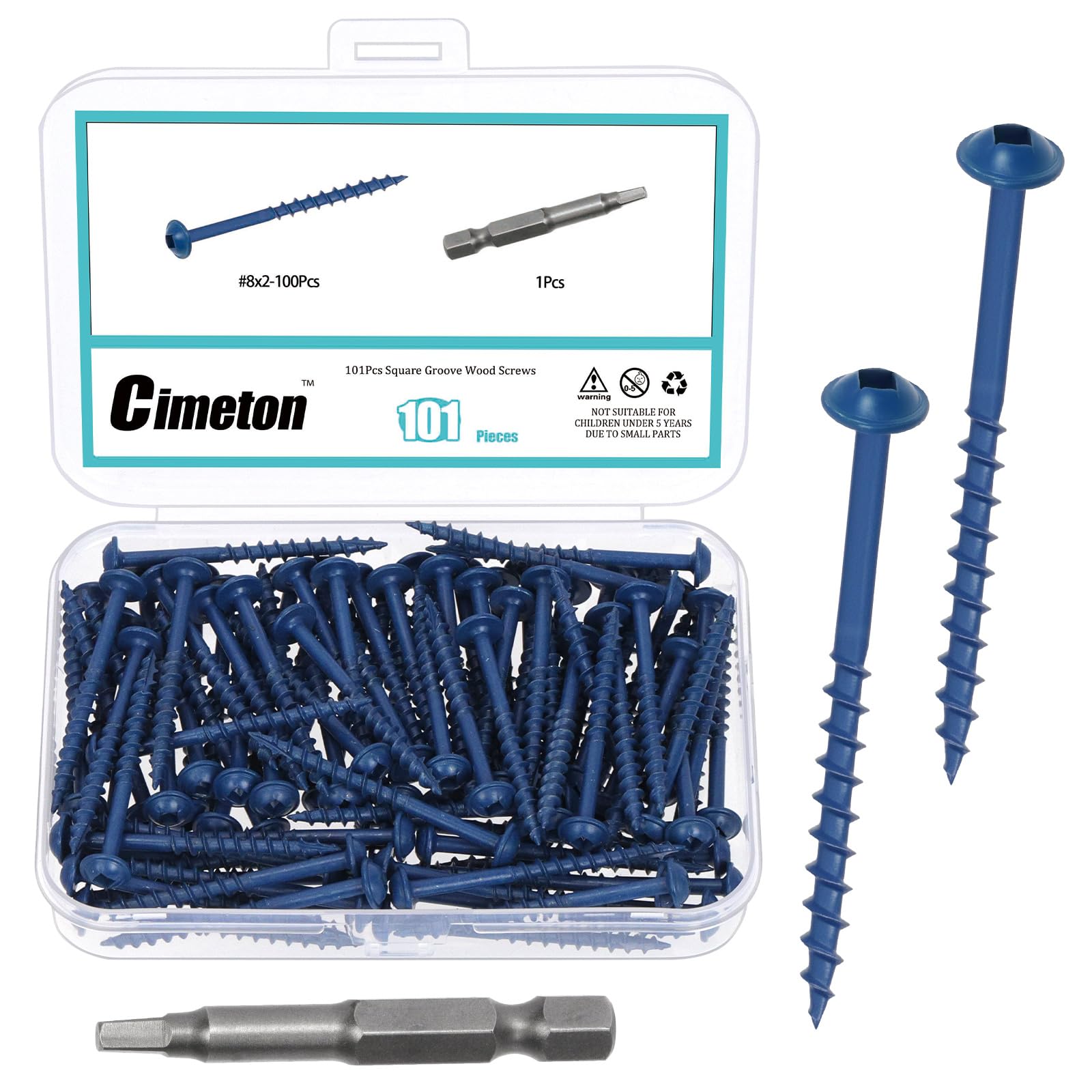 Cimeton 101PCS #8 x 2" Pocket Hole Screws Deck Screws with Square Drive Assortment Kit Exterior Wood Screws Blue Anti-Rust Coated Pocket Hole Screws for Decks Fences and Other Outdoor Use