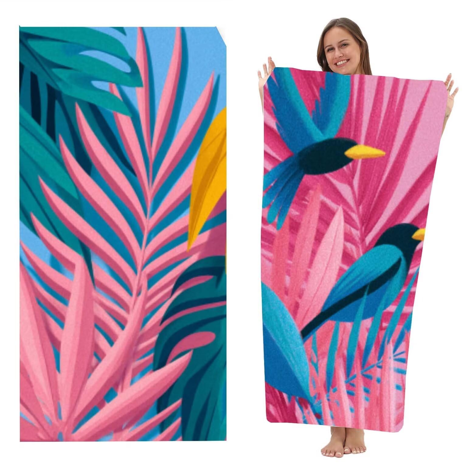 Strandtuch XXL 2 Set Microfaser Handtucher Mikrofaser Badetuch Beach Towels 90x200 cm Schnelltrocknend Dünn Strandtücher Leicht Badehandtuch Stranddecke Sandfrei Microfasertuch (Blätter Rosa) z-2707