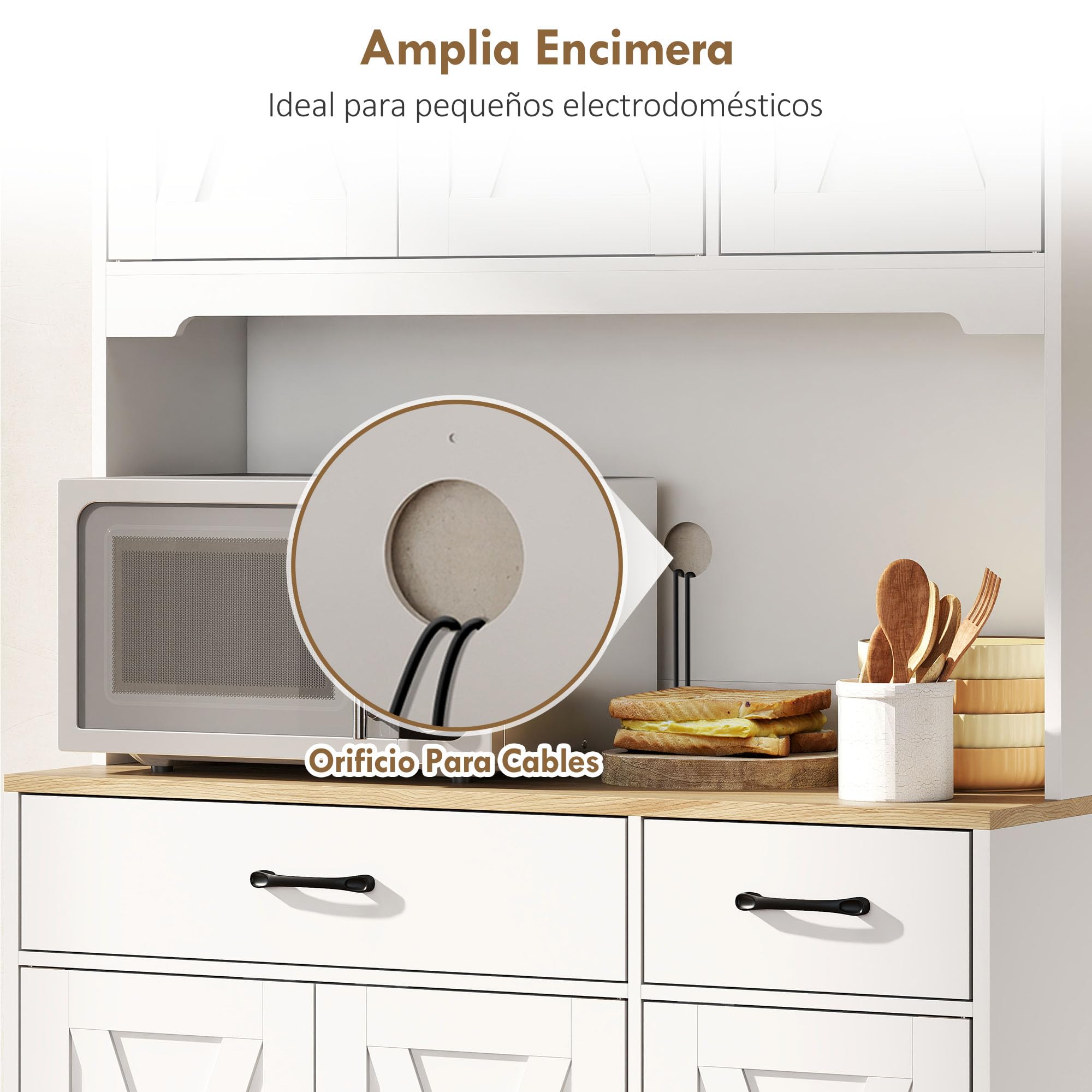 HOMCOM Alacena de Cocina Alta, Mueble Auxiliar de Cocina, con 6 Puertas, Encimera Abierta para Microondas, 2 Cajones, Estantes Ajustables, Orificio para Cable, 94x39,5x175,2 cm, Blanco