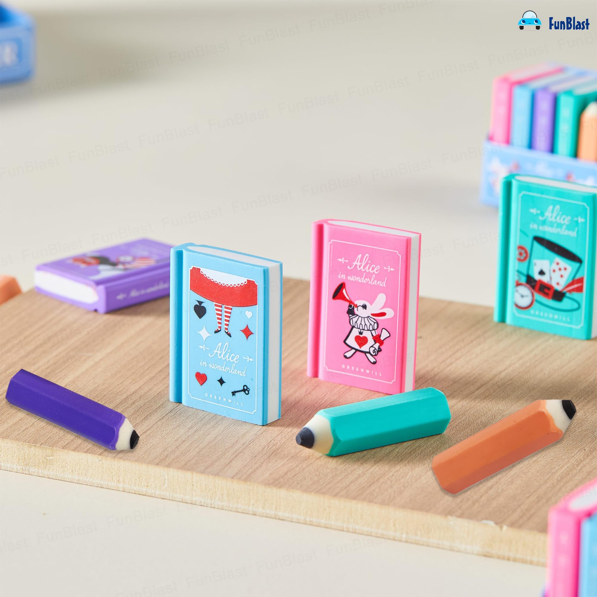 FunBlast Mini Pencil and Book Shape Erasers Set For Kids - Multicolor, Rectangular, Rubber, Kawaii Eraser Set, Eraser, Multi-Color - Image 6 thumbnail