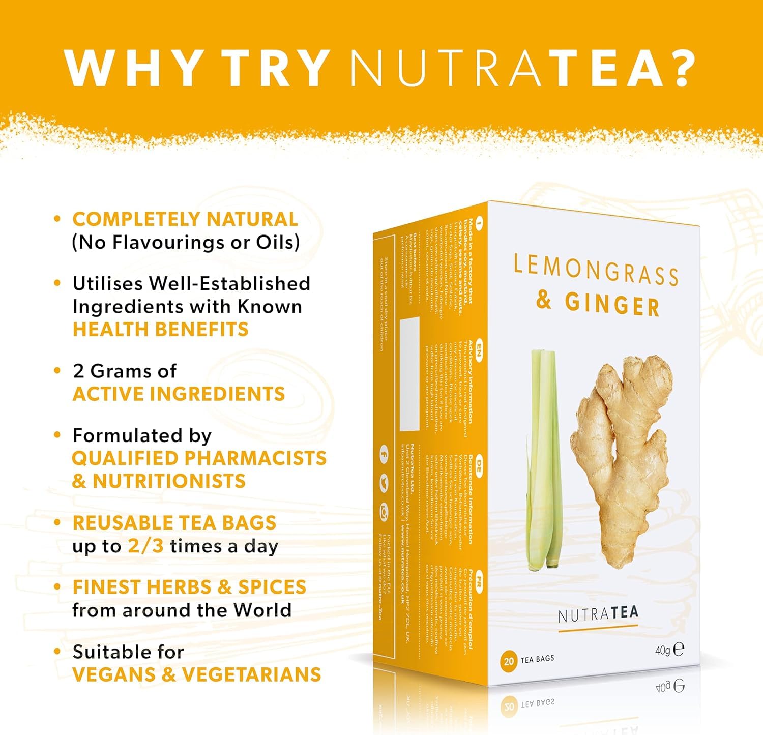 NutraTea Tisana Zenzero e Citronella - Gluten Free, Con 2 Grammi di Ingredienti Attivi - 20 Bustine Riutilizzabili