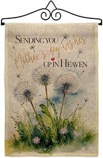Happy Heavenly Mothers Day Burlap Flag Hanger Kit Burlap Wall Hanging Decor Home Porch Sending You Mother's Day Wish Up In Heaven Cemetery Decoration For Grave Garden Memorial Gifts Made In USA