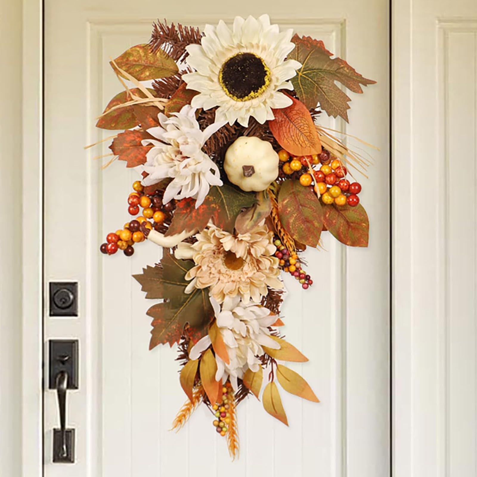 Autumn Swags Fall Wreaths for Front Door Decor, Orange Artificial Pumpkin Berries Home Farmhouse Garland for Outdoor Indoor Floral Outside Thanksgiving Harvest Holiday Porch (A)