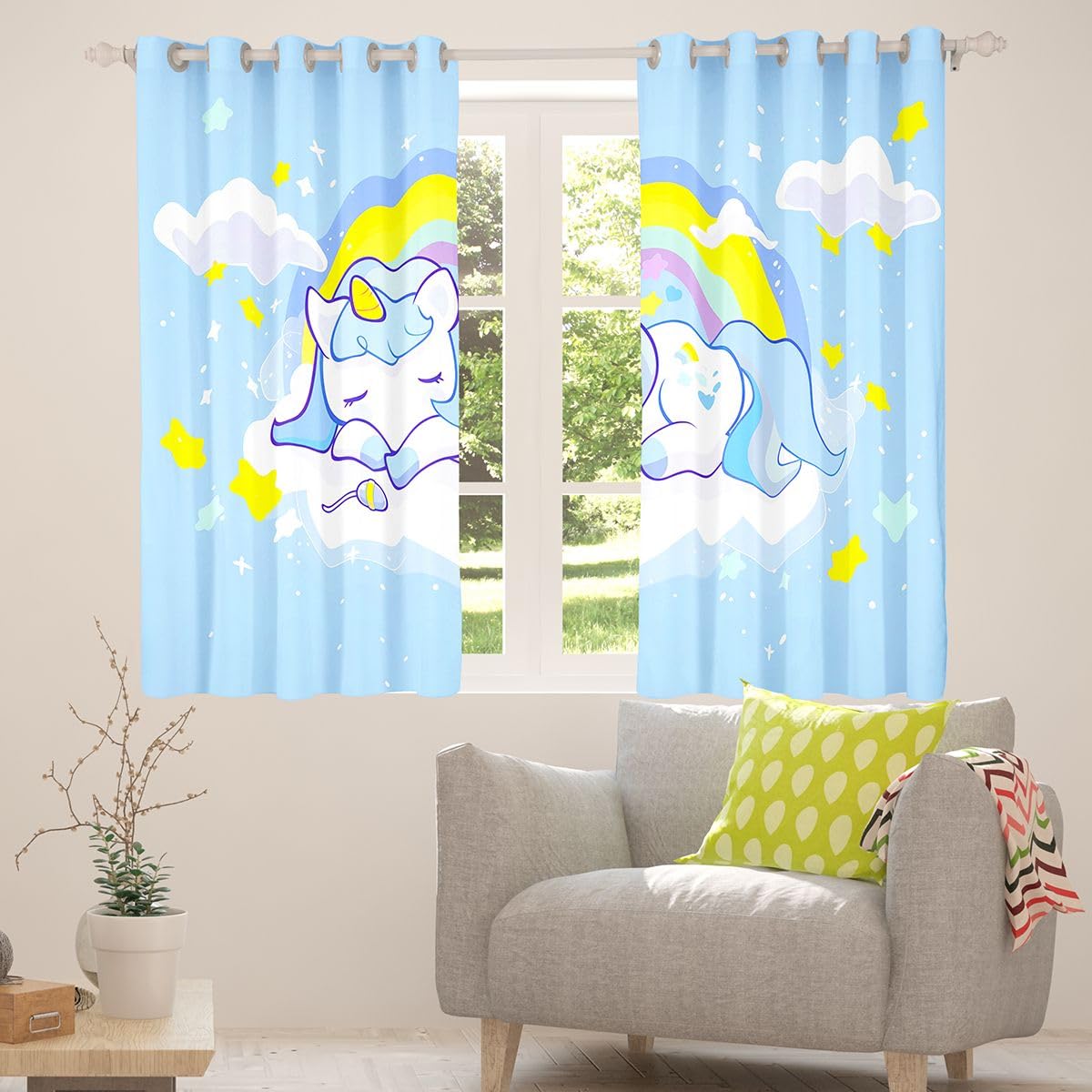 Beau rideau de fenêtre licorne pour chambre à coucher, taille L étoile jaune blanc scintillant nuage arc-en-ciel sucettes impression ombre décoration de la maison cheval bleu mignon rideaux de fenêtre