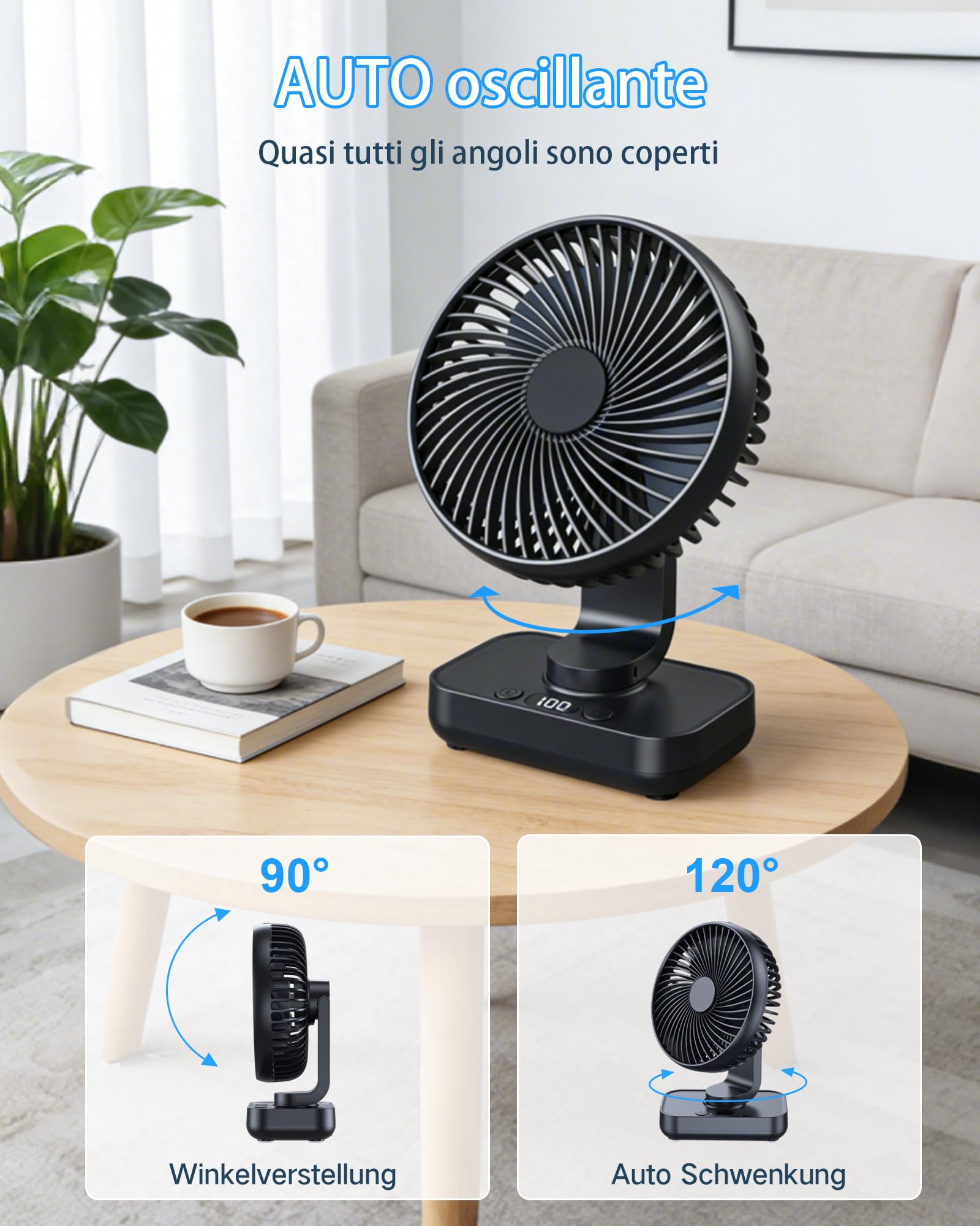 Ventilatore da Tavolo Ultra-Silenzioso, Batteria 4500 mAh Ricaricabile USB, 4 Livelli di Velocità, Oscillazione 120° e Inclinazione Testa 90° Regolabile, Ventilatore Portatile da Scrivania