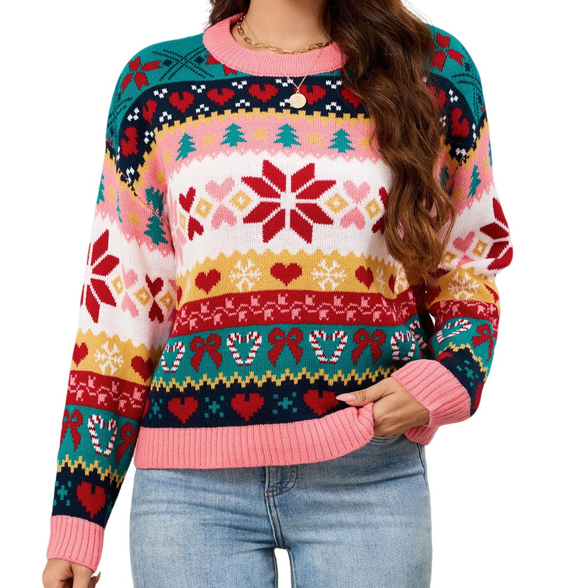 LUBOT Ugly Christmas Sweaters for Women Cute Fuzzy Funny Wintertime Holiday Parties Knitted Casual Pullover Sweater Pink Green Medium