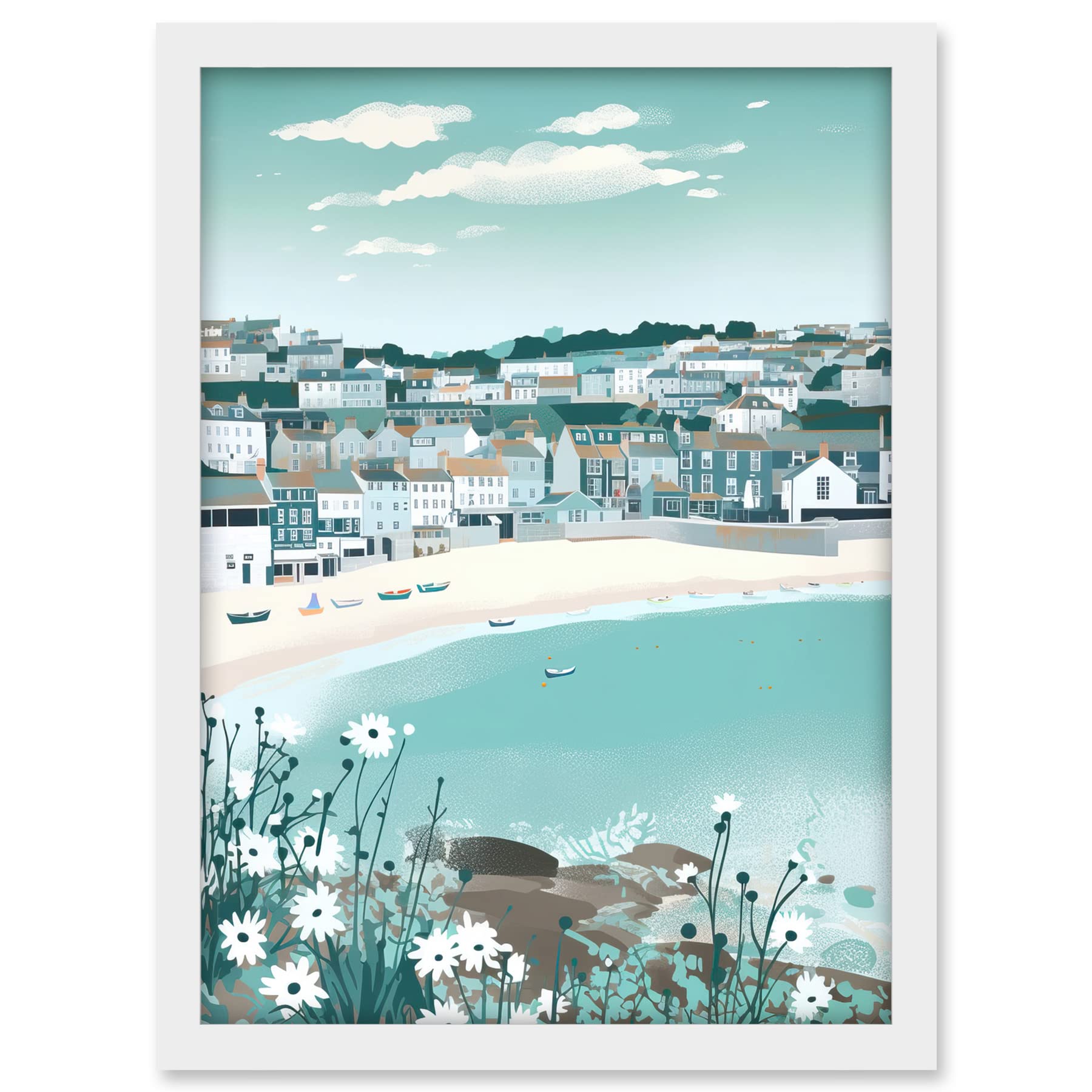 Artery8 St Ives Bay Daisies Soft Pastel Coastal Cityscape Artwork Framed A3 Wall Art Print