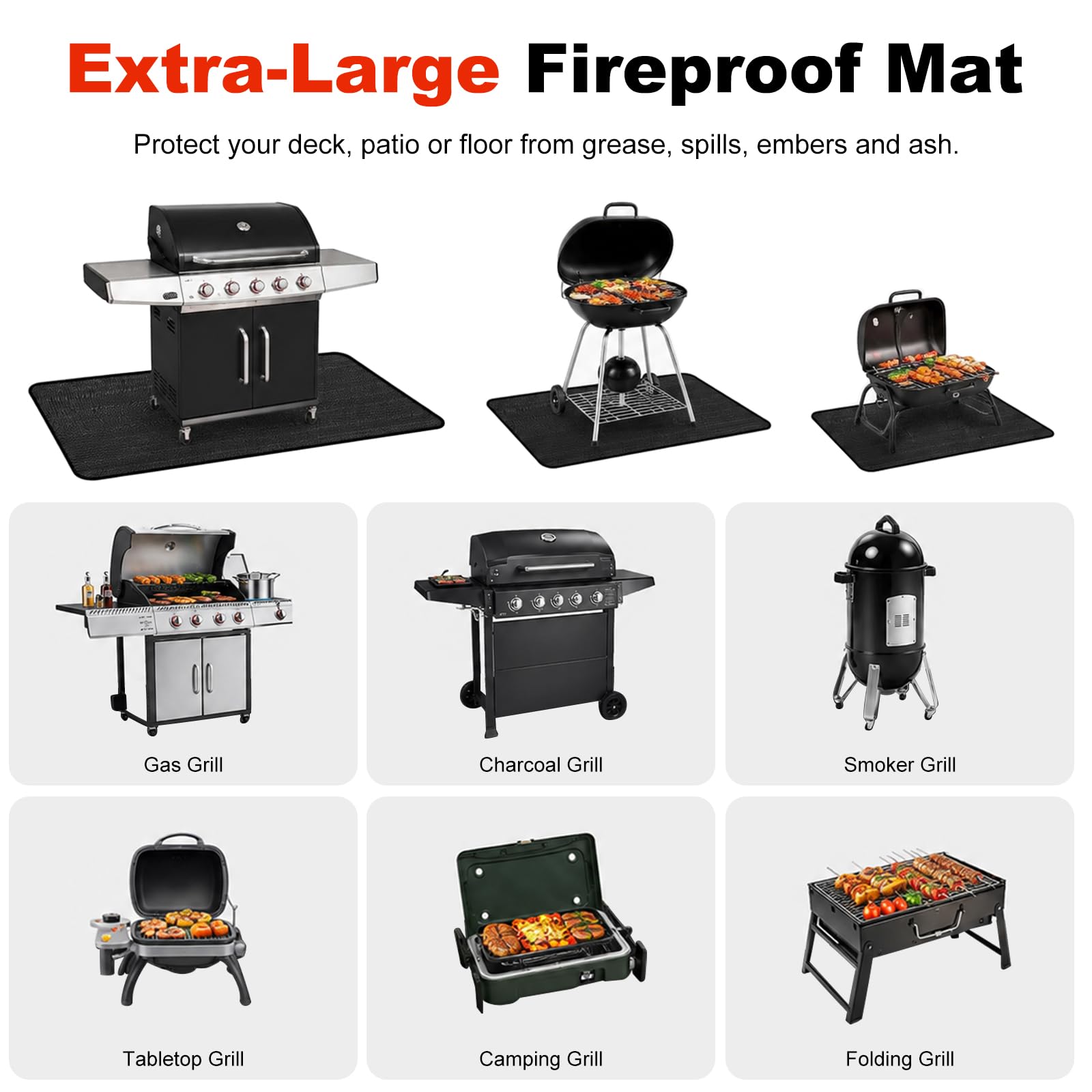 Alfombra Barbacoa Exterior Ignífuga 102 x 152 cm, Protector Suelo Silicona Doble Cara Impermeable, Estera de Protección Resistente al Calor para Barbacoas de Gas y Carbón, Camping, Patio