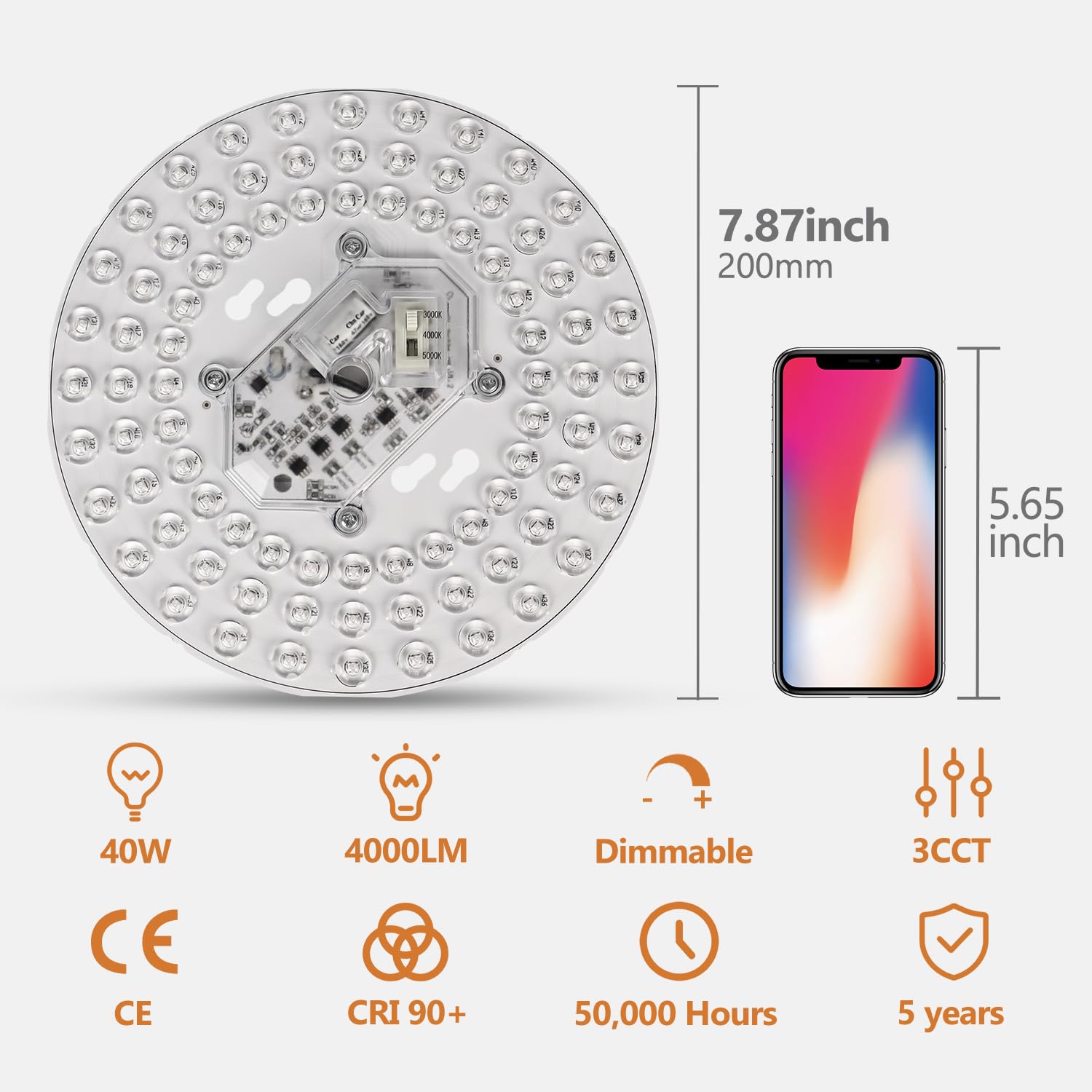 Hisoo LED Light Engine Retrofit Kit, 7.87inch 40W 4000Lm, 3CCT 3000K/4000K/5000K Dimmable, Ceiling Fan Light Kits, LED Light Engine for Ceiling Light,2 Pack