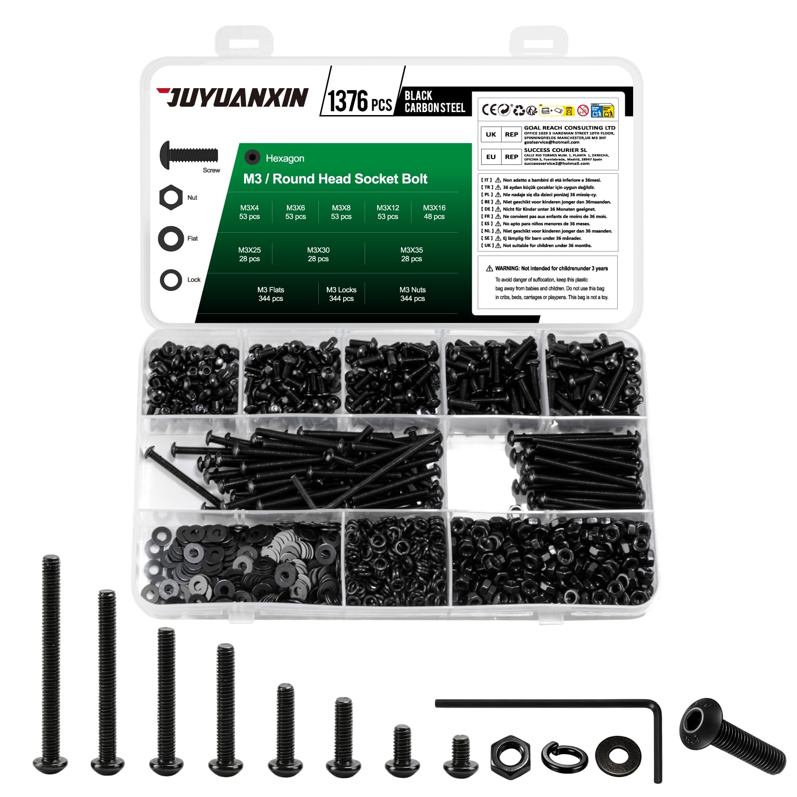 1376 Pcs M3 Screws Set, M3 Bolts and Nuts Set, Carbon steel Machine Screws Assorted Nuts and Bolts Assortment, Hex Socket Button Head Screw Set (M3-1376)