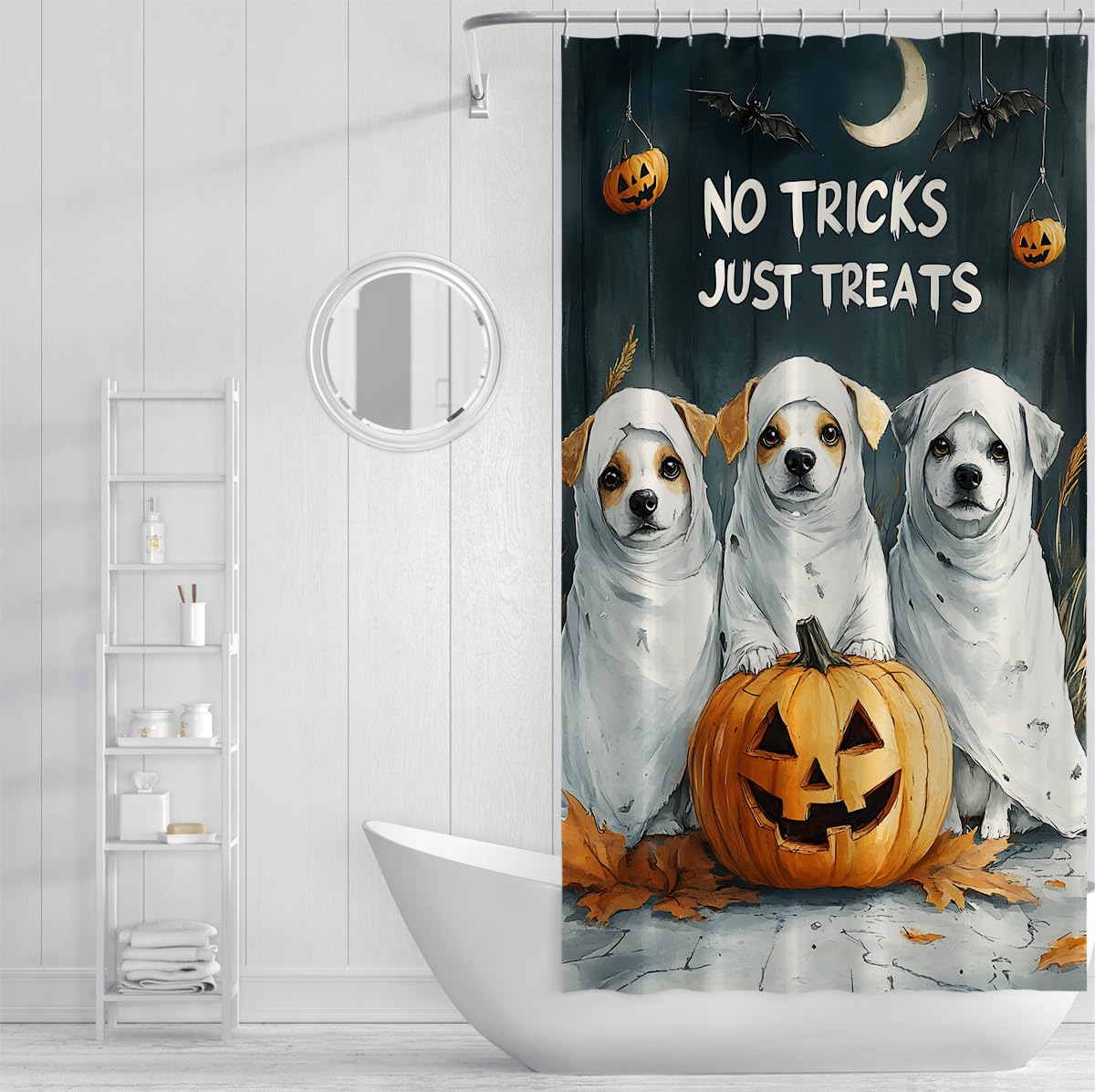 Dekoracja na Halloween, zasłona prysznicowa, słodki pies, duch, dynia, zabawa, świąteczna zasłona kąpielowa, poliester, nadaje się do prania, zasłona prysznicowa z haczykiem, 180 x 200 cm