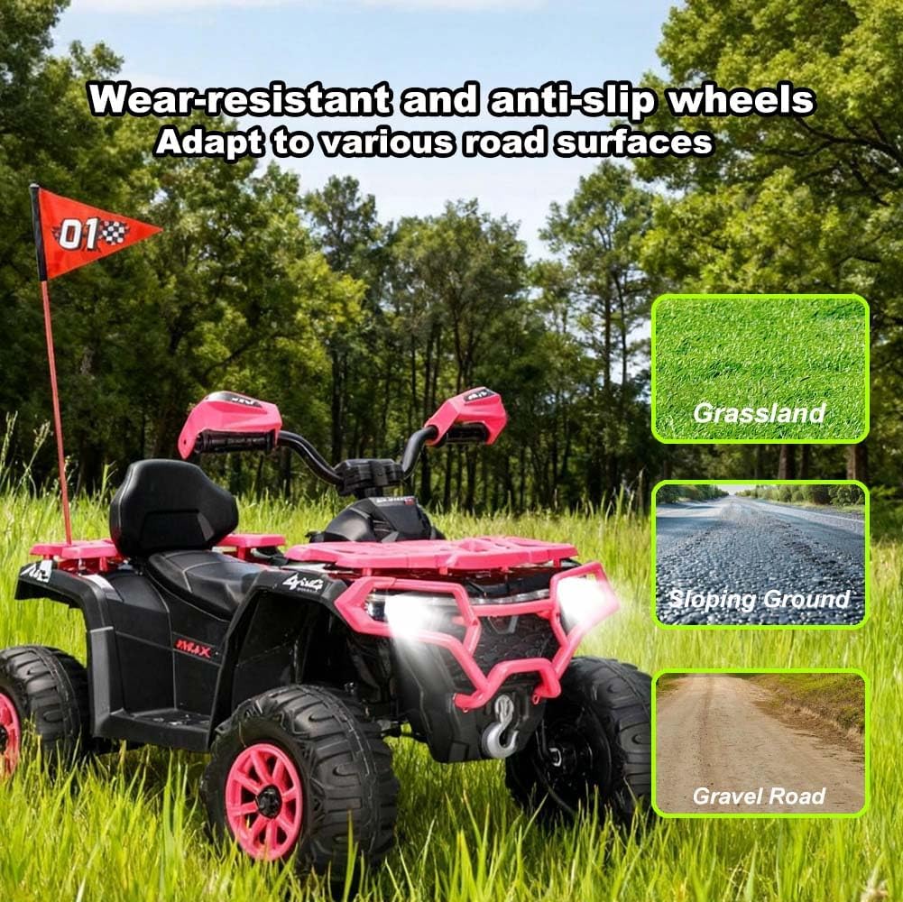 24V Kids Electric Car, Electric ATV for Kids 3-8 with Color-Changing LED Light Bar & Flag Pole | 2WD Off-Road Ride-On Toy | Bluetooth Music | CPSIA Certified | All-Terrain Car (Pink)