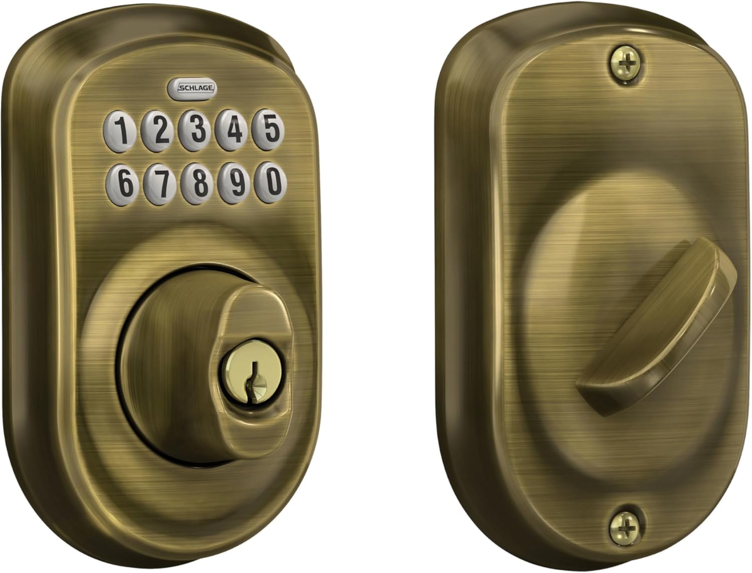 Schlage BE365 V PLY 609 Plymouth Keypad Deadbolt, Digital Keyless Entry Lock, Vintage Brass
