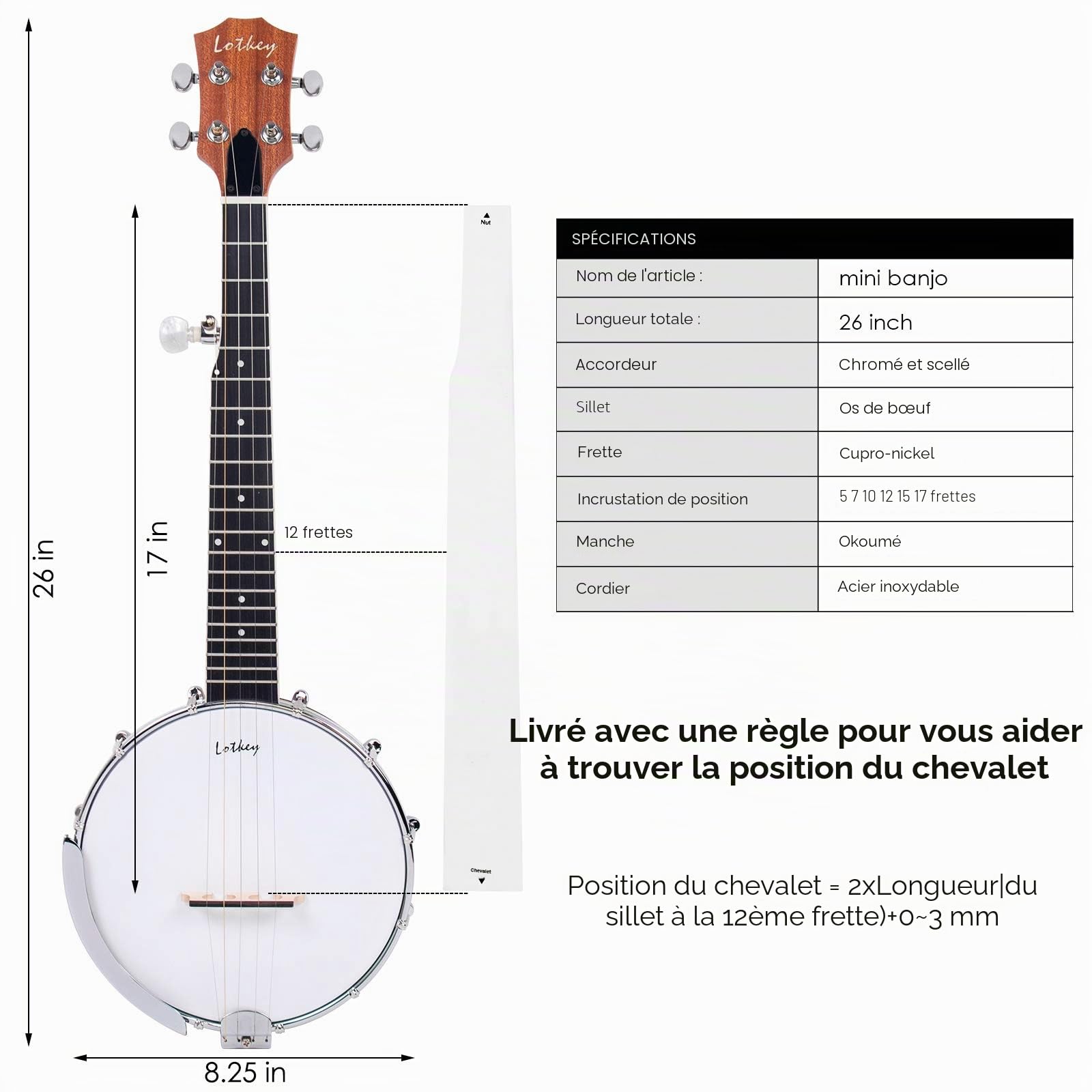 Kit de banjo ténor à 5 cordes - 66 cm pour débutants et professionnels avec cordes supplémentaires, sangle, médiators, pickup, accordeur et étui de transport