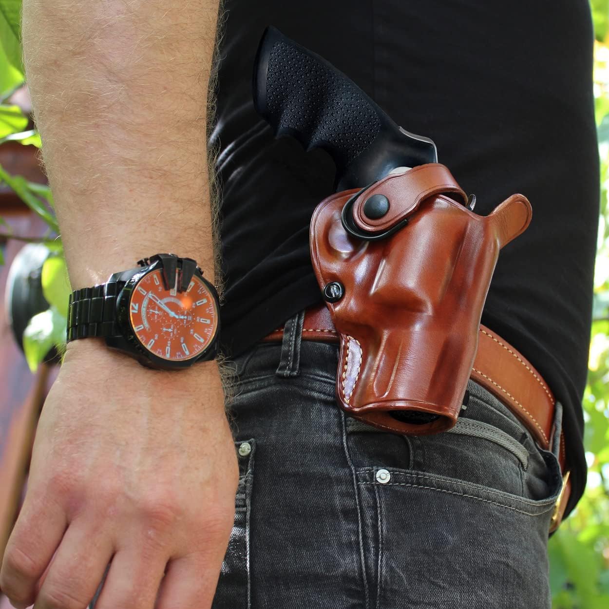 Masc OWB Leather Paddle Revolver Holster with Retention Strap, Fits N-FR .44 Model 629 Classic Full Underlug 3-inch, Right Hand Draw, Brown #1486#