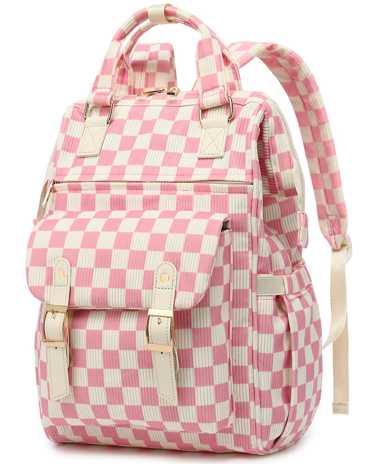 Laptop Backpacks for Women, Corduroy High School College Bookbag 15.6 Inch Laptop Bags for Girls Travel Daypack - Checkered Pink