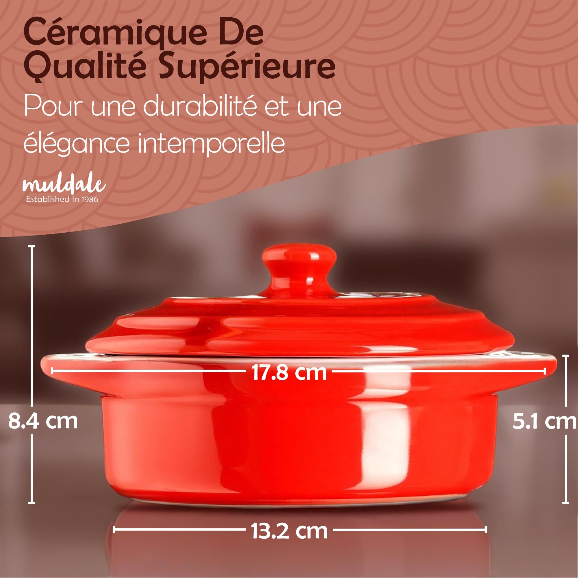 Muldale Plat de cuisson à camembert – Rouge – Plat de cuisson à brie sans plomb avec couvercle – 14 cm – Avec épandeur et boîte