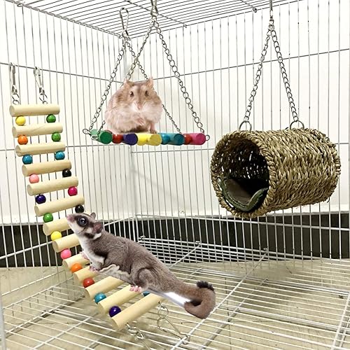 Leeko Hamaca para mascotas, juguete colgante de hámster, juego de 3 piezas para colgar en la casa, jaula de cama, juguetes para animales pequeños,