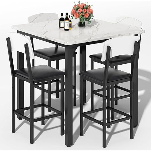 AWQM 5-Piece Dining Table Set, Dining Table Set for 4, Counter Height Table & 4 Bar Stools, Modern Kitchen Dining Set, with Upholstered Chairs, Compact Dining Set for Small Spaces, Marble Texture