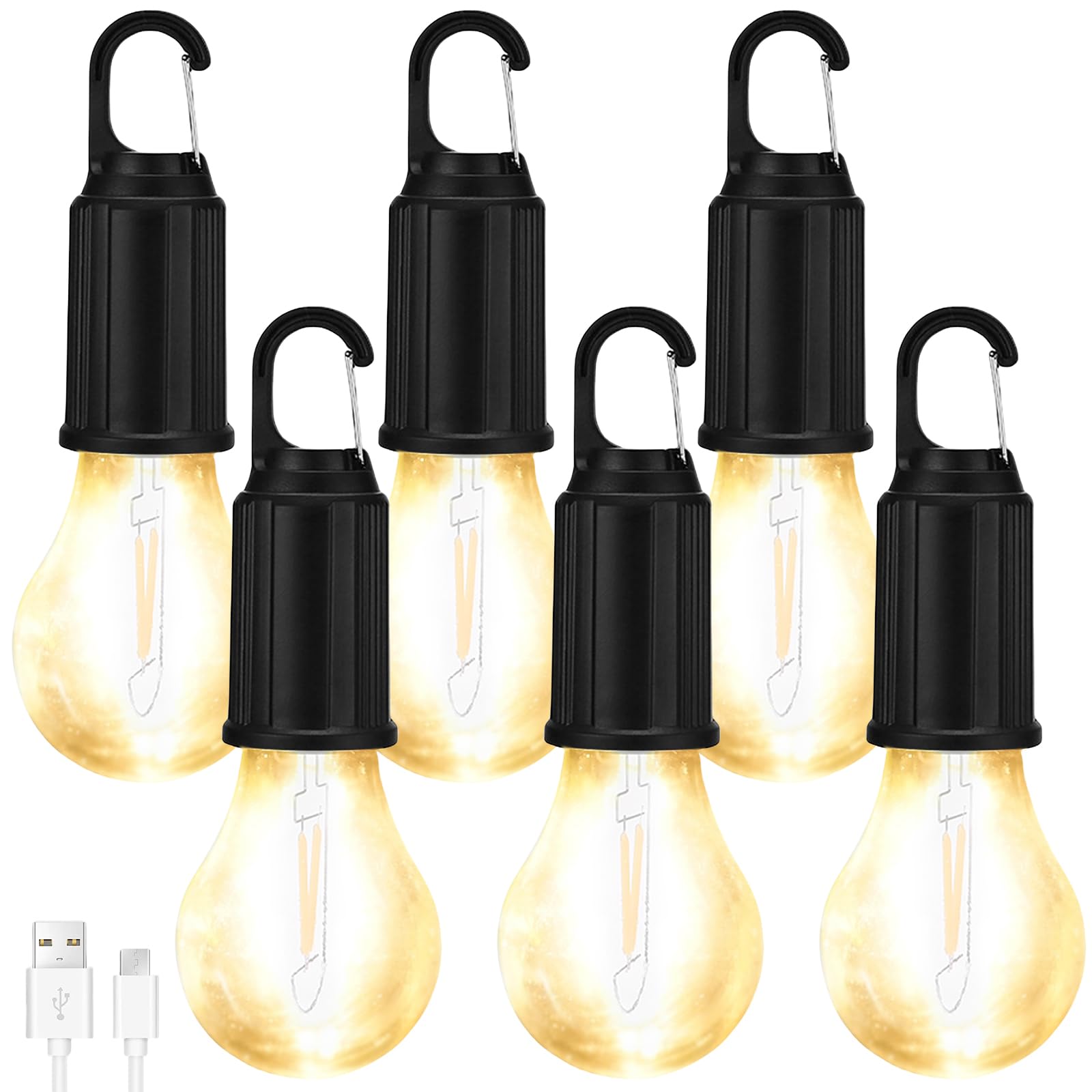 GAOUTO Set di 6 lampade da campeggio, 3 modalità di illuminazione ricaricabili, LED portatile, luminosità regolabile, lampada da tenda impermeabile, lampade da campeggio per campeggio, interruzione di