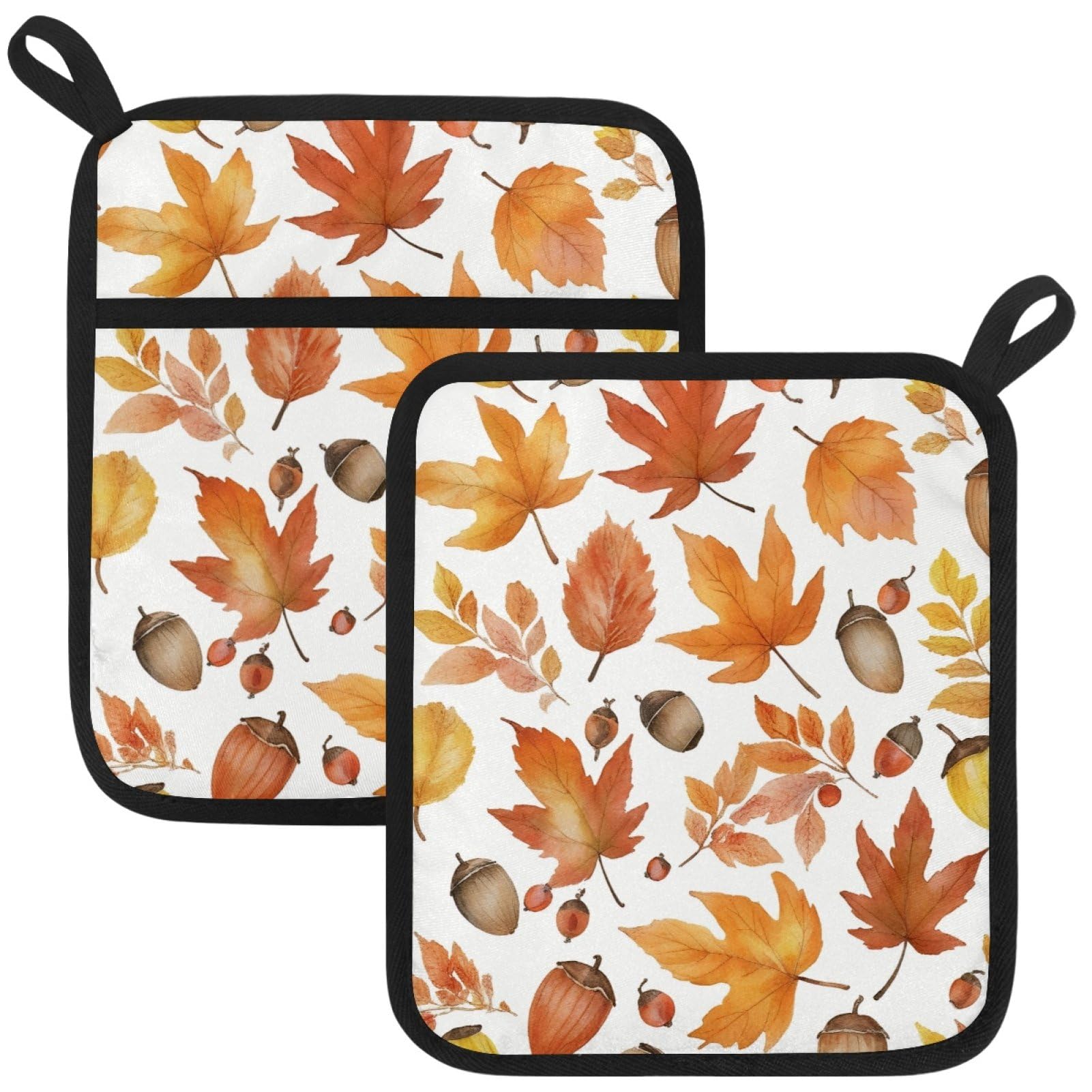 VAPOKF Maple Leaf Pinecone Pot Holders with Pocket for Kitchen Heat Resistant Potholders Large Polyester-Cotton Square Oven Mitts Set