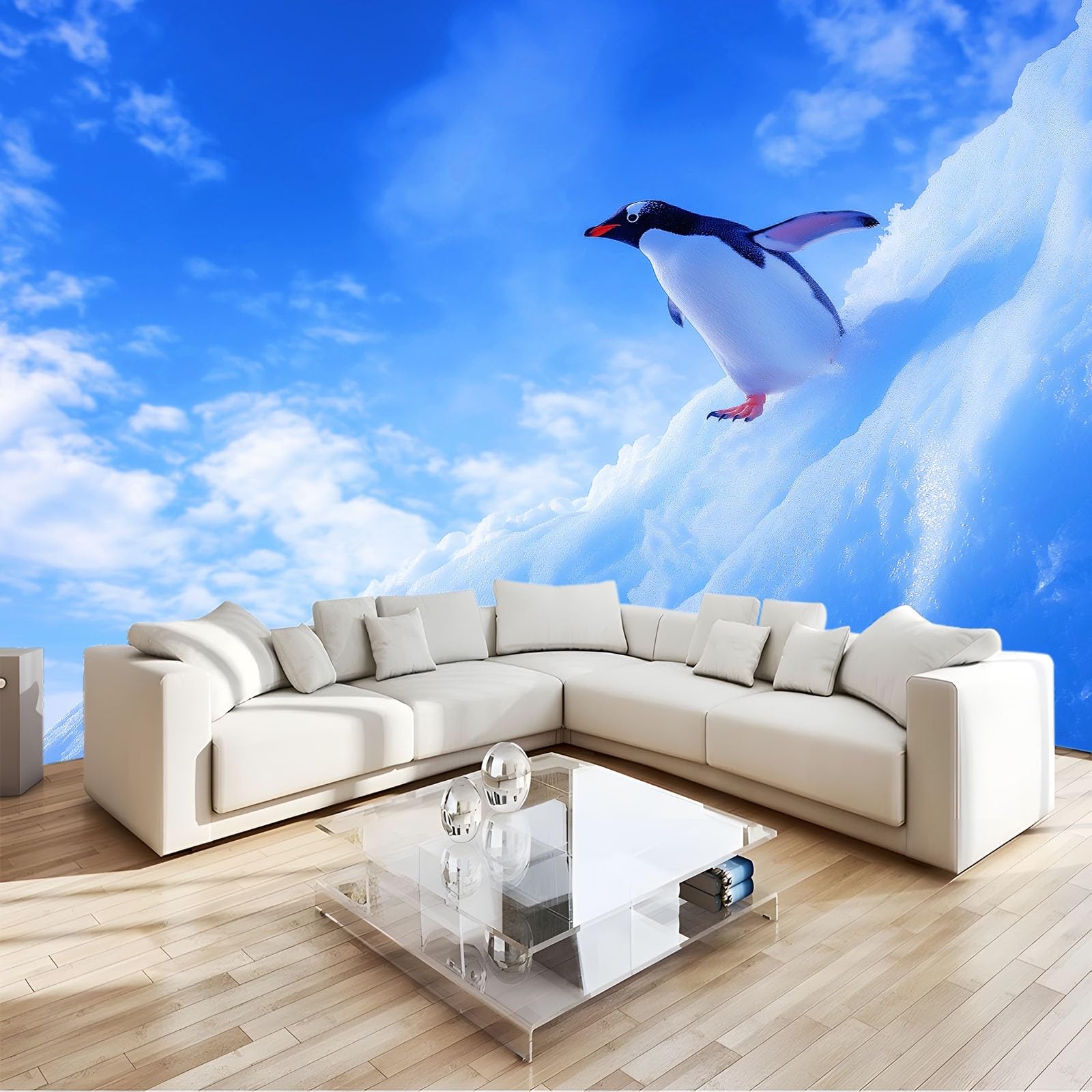 Fototapeta z efektem 3D, naturalne krajobrazy, zwierzęta, pingwiny, niebieska, tapeta 200 x 140 cm, tapeta z włókniny, nowoczesna tapeta ścienna, salon, sypialnia, pokój dziecięcy, dekoracja ścienna