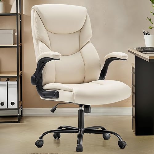 DUMOS PU Leather Office Chair - Ergonomic Executive Computer Desk Chairs with Adjustable Flip-up Armrest, Swivel Task Chair with Lumbar Support, Strong Metal Base, Cream White
