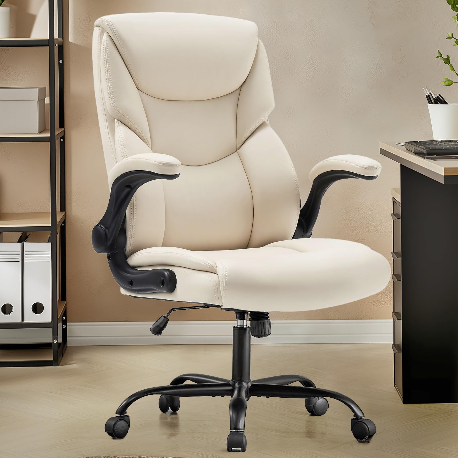 DUMOS PU Leather Office Chair - Ergonomic Executive Computer Desk Chairs with Adjustable Flip-up Armrest, Swivel Task Chair with Lumbar Support,