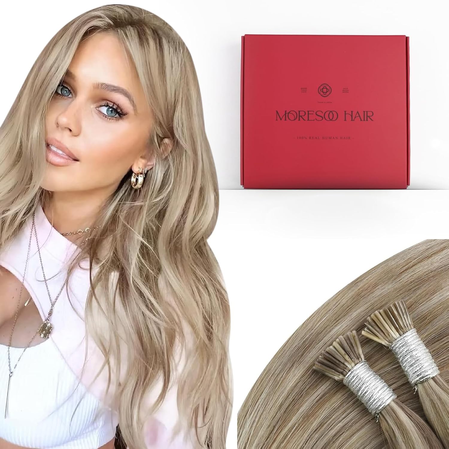 Moresoo I-Tip Haarverlängerungen 35cm - Echthaar Bondings, 100% Remy Haar, Keratin-Kleber, Einfach Zu Installieren