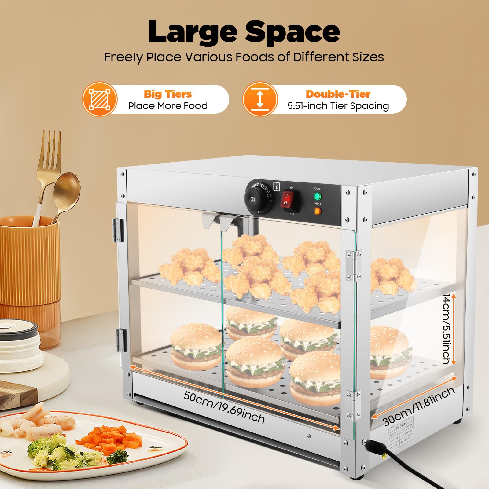 Vetrina calda, scaldavivande elettrica in acciaio inox 201, 2 ripiani da 800 W, portata di calore 30 ~ 85 °C, ripiano 50 x 30 cm, distanza tra i livelli 14 cm