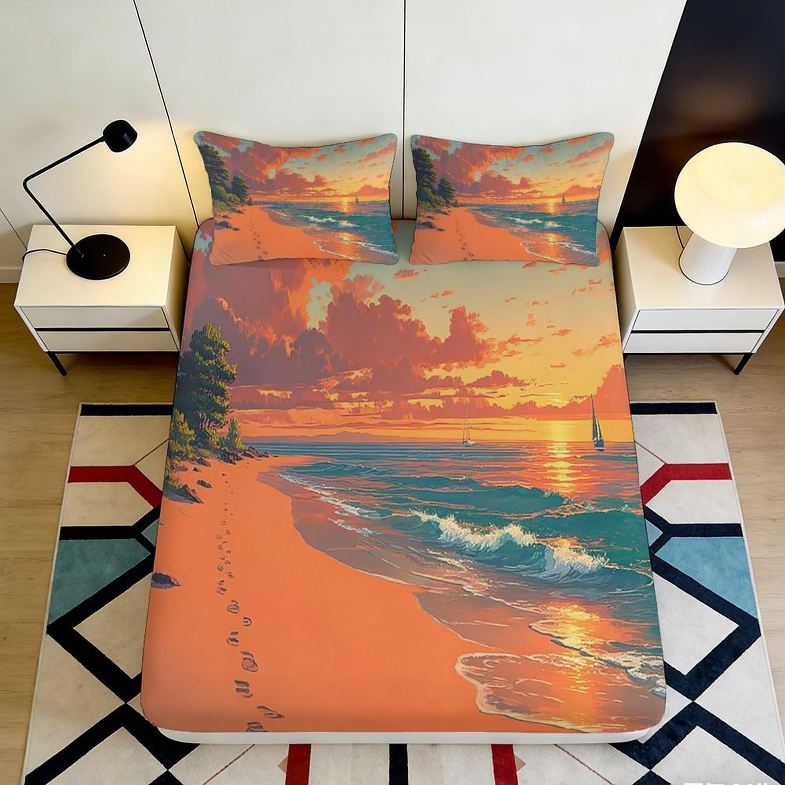 Uxinyoume Style-1 3D Printed Sunset Beach Fitted Sheet Microfiber Soft Orange Ocean Mattress Cover For Bedroom Guest Room Decor 90X200x25cm