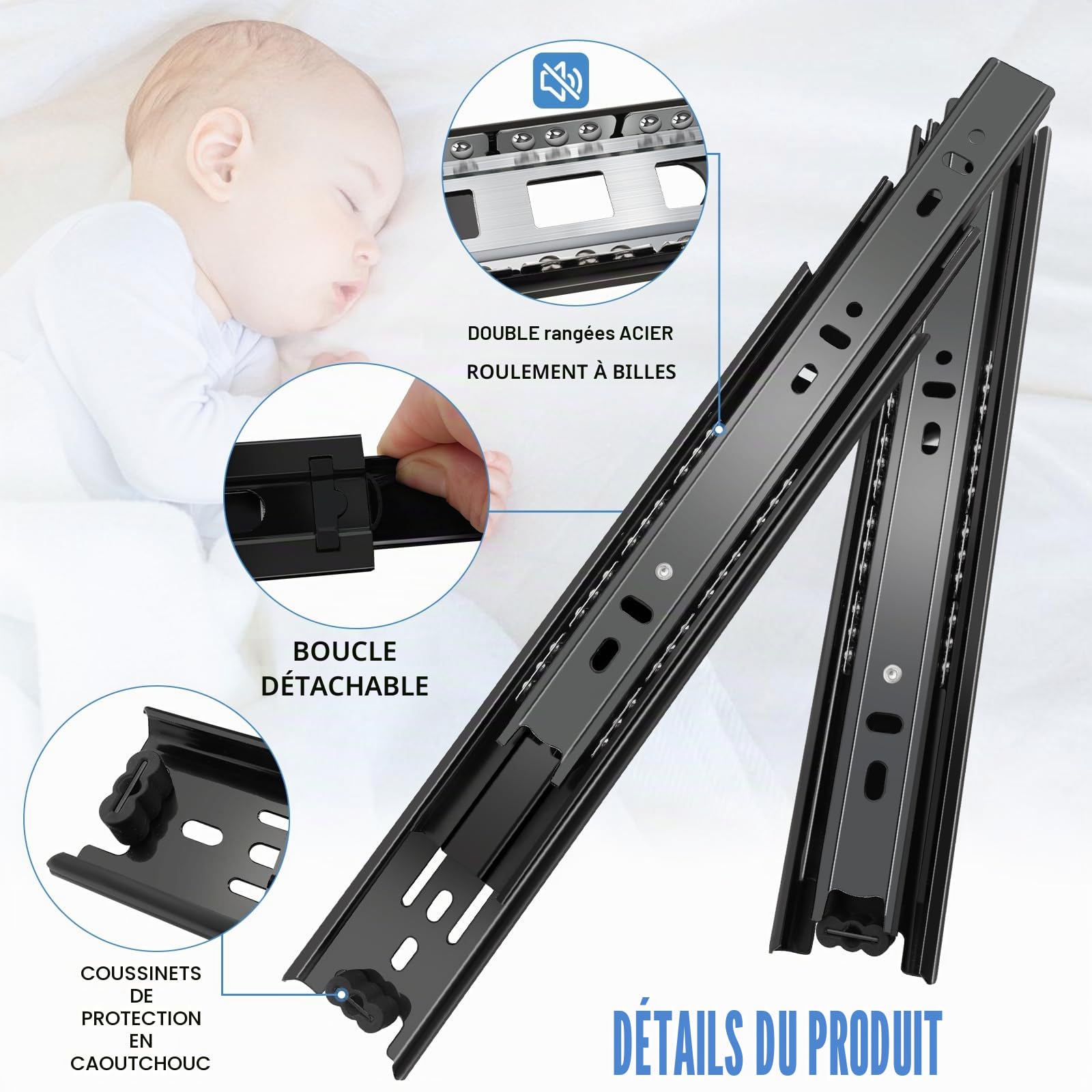 Sulawskys 6 paires glissières de tiroir 45 cm (12 pièces),glissiere pour tiroir, montage latéral,extension complète,coulisse tiroir avec roulements à billes, capacité de 45 kg, noir