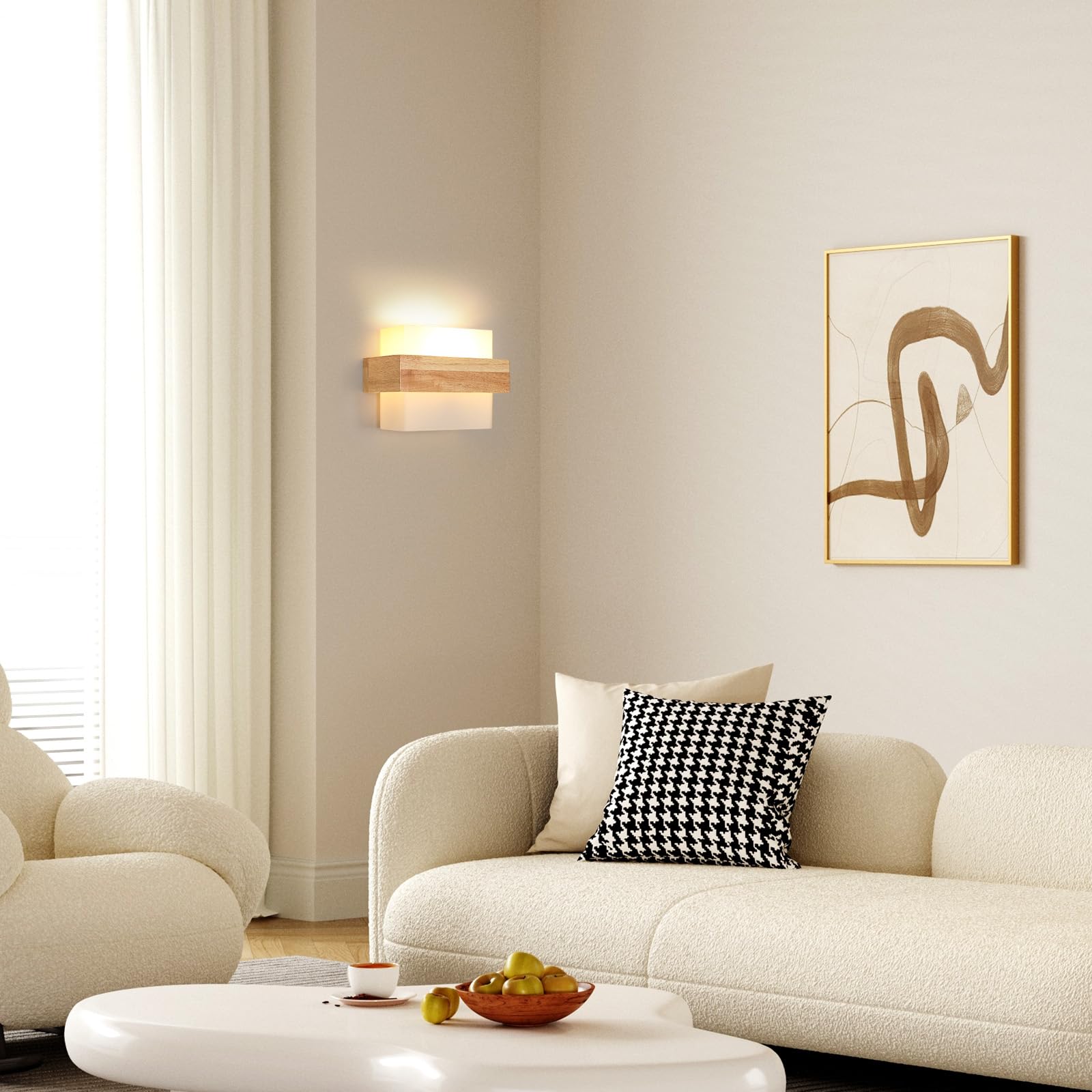 DELIPOP Applique da Parete Interno, Moderno Lampada da Parete Quadrato in Legno con Paralume in Vetro, E27 Illuminazione Interni Lampada a Muro per Camera da Letto Soggiorno Corridoio Scale