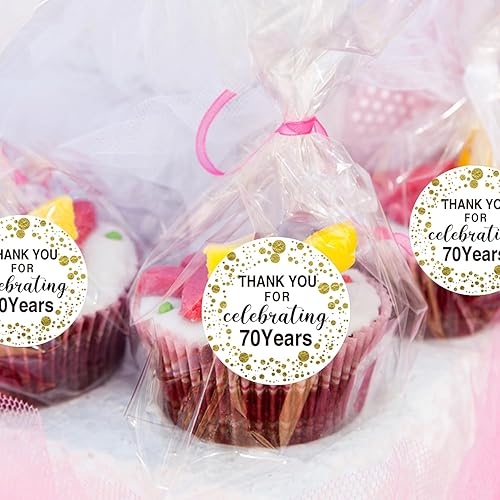 Miniatura 2 de Calcomanías de agradecimiento para cumpleaños número 70, recuerdos negros y dorados, decoraciones de fiesta de aniversario, calcomanías de círculo
