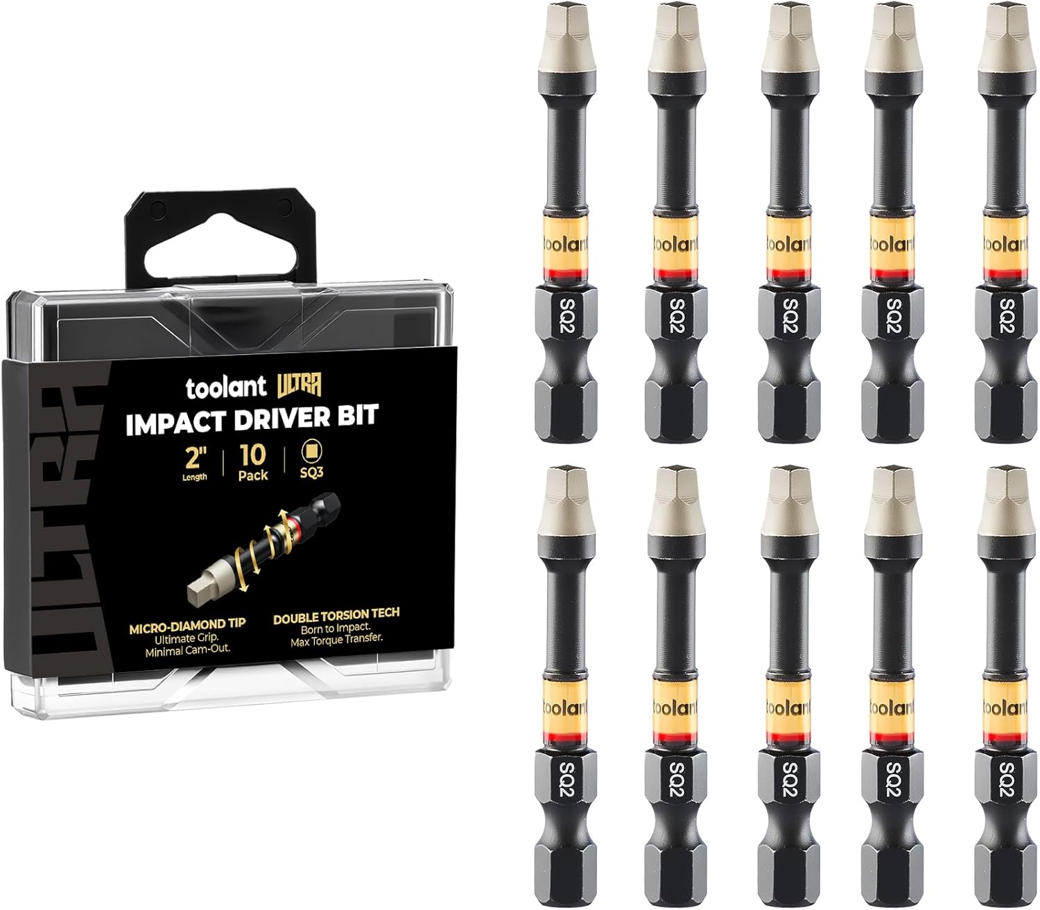 toolant 2 Inch SQ3 Square Bit, Magnetic Anti-Slip Impact Screwdriver Bits, 10pcs Impact Steel X2 Driver Bit Set with CNC-Machined Tips for Impact Drivers