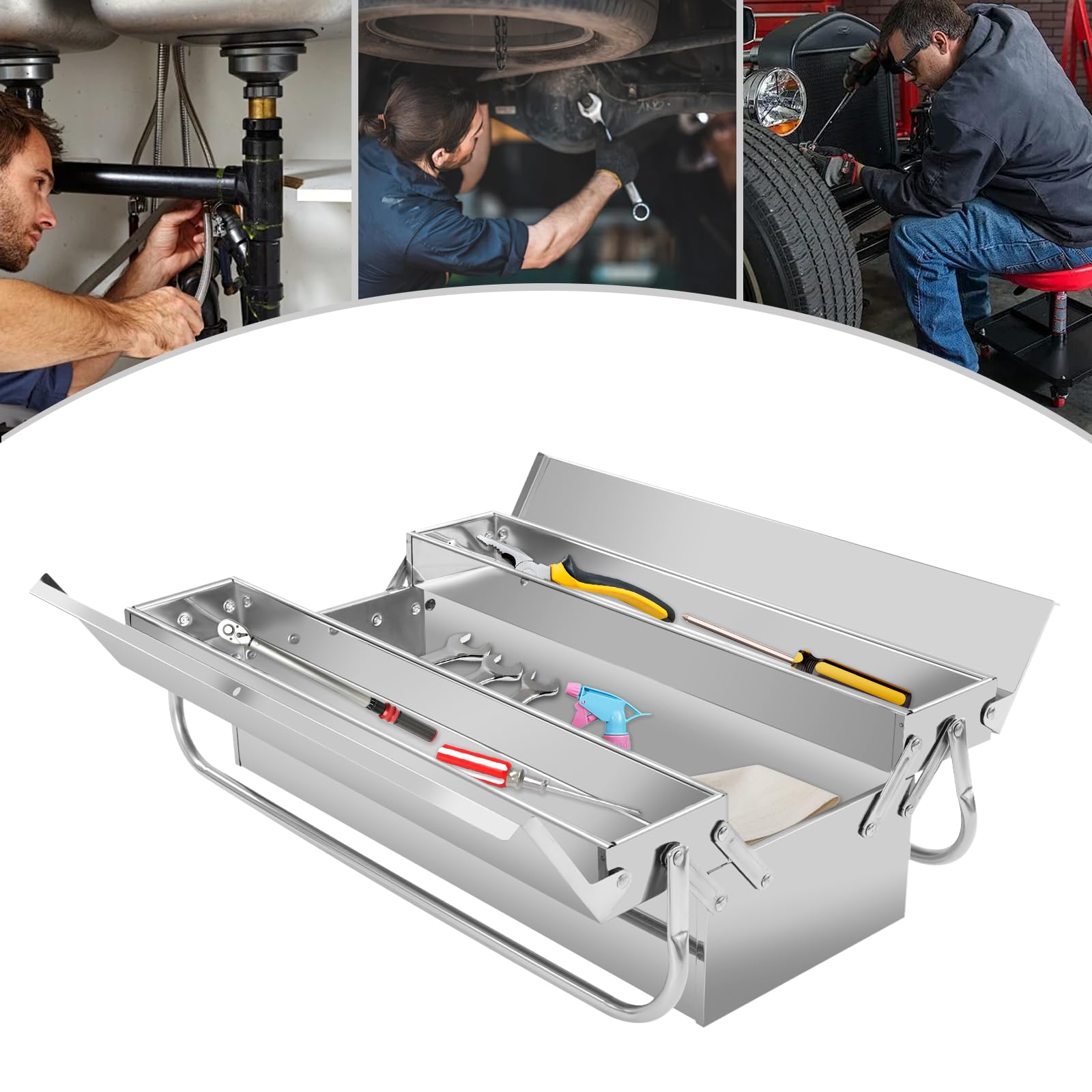 Caja de herramientas profesional vacía multifuncional caja de herramientas de metal para ahorrar espacio, 2 niveles, caja de herramientas portátil con 2 compartimentos plegables y asa, 53,5 x 20 x 16