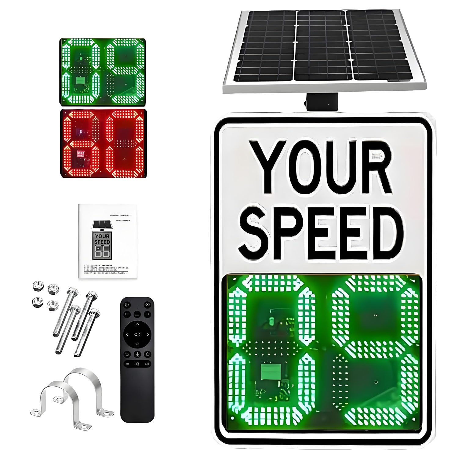 Señal de radar digital con detector de velocidad y panel solar, pantalla LED brillante, alerta intermitente de exceso de velocidad, visibilidad nocturna, señal de velocidad solar White-24×35in