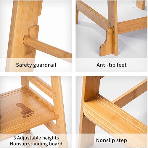 Miniatura 6 de UNICOO Taburete de cocina de bambú de altura ajustable para niños, torre de aprendizaje y taburete auxiliar para baño, encimera de cocina, diseñado