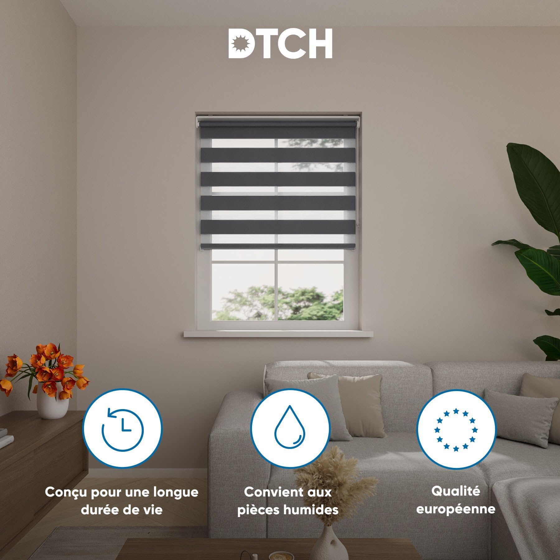 DTCH® Store Enrouleur Jour Nuit - Translucide - Gris - 90 x 220 - sans perçage - Fixation par Serrage