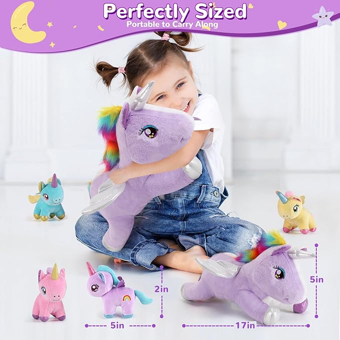 5 Pieces Unicorn Stuffed Animals - 1 Mommy Stuffed Unicorn with 4 Babies - Unicorns Gifts for Girls Ages 3 4 5 6 7 8, Unicorns Plush Toys for Christmas, Valentine's, Birthday Gifts (Purple)