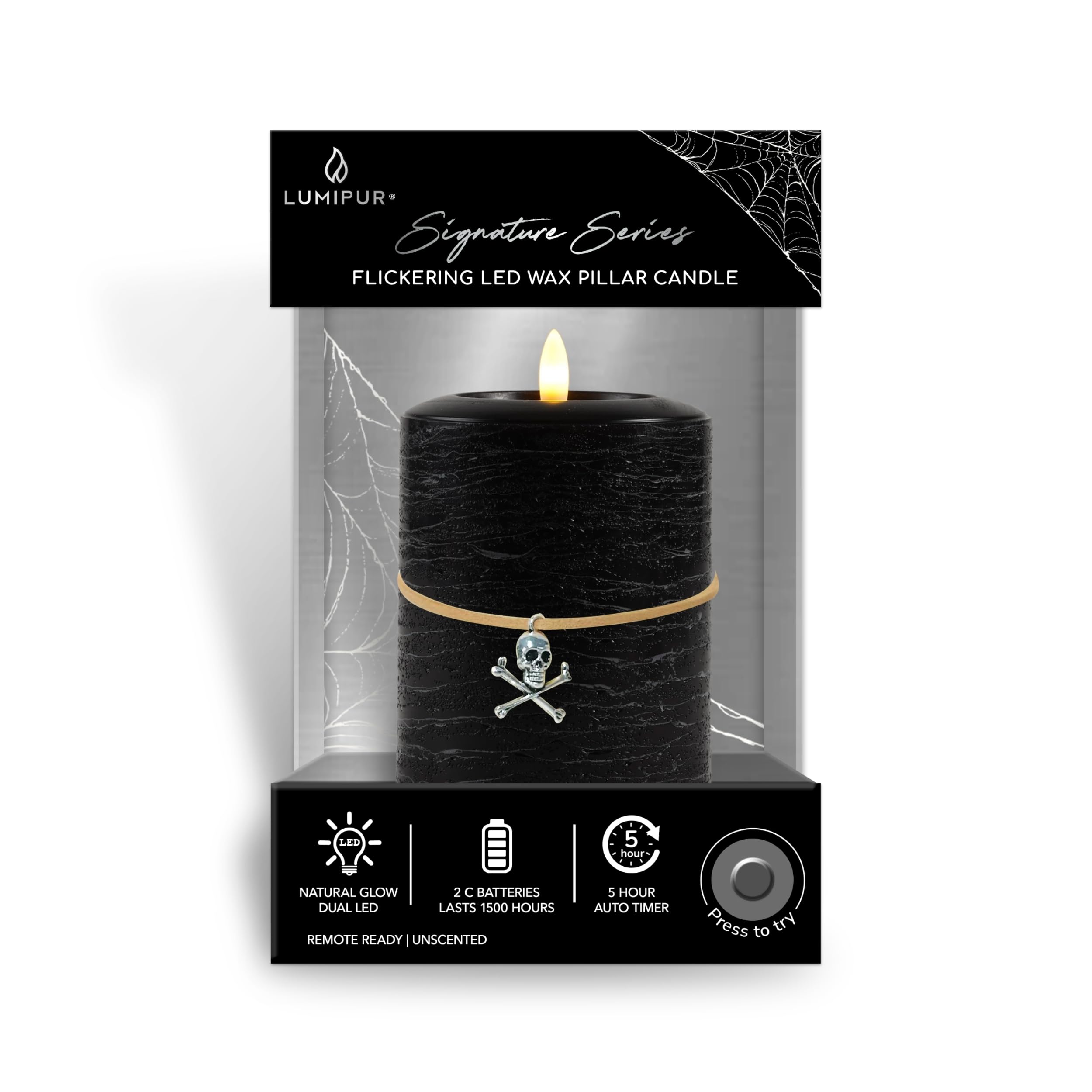 LumiPur Signature - Candela cilindrica in cera a LED senza fiamma, con luce naturale tremolante, con bagliore naturale (nero, 8,9 x 12,7 cm)