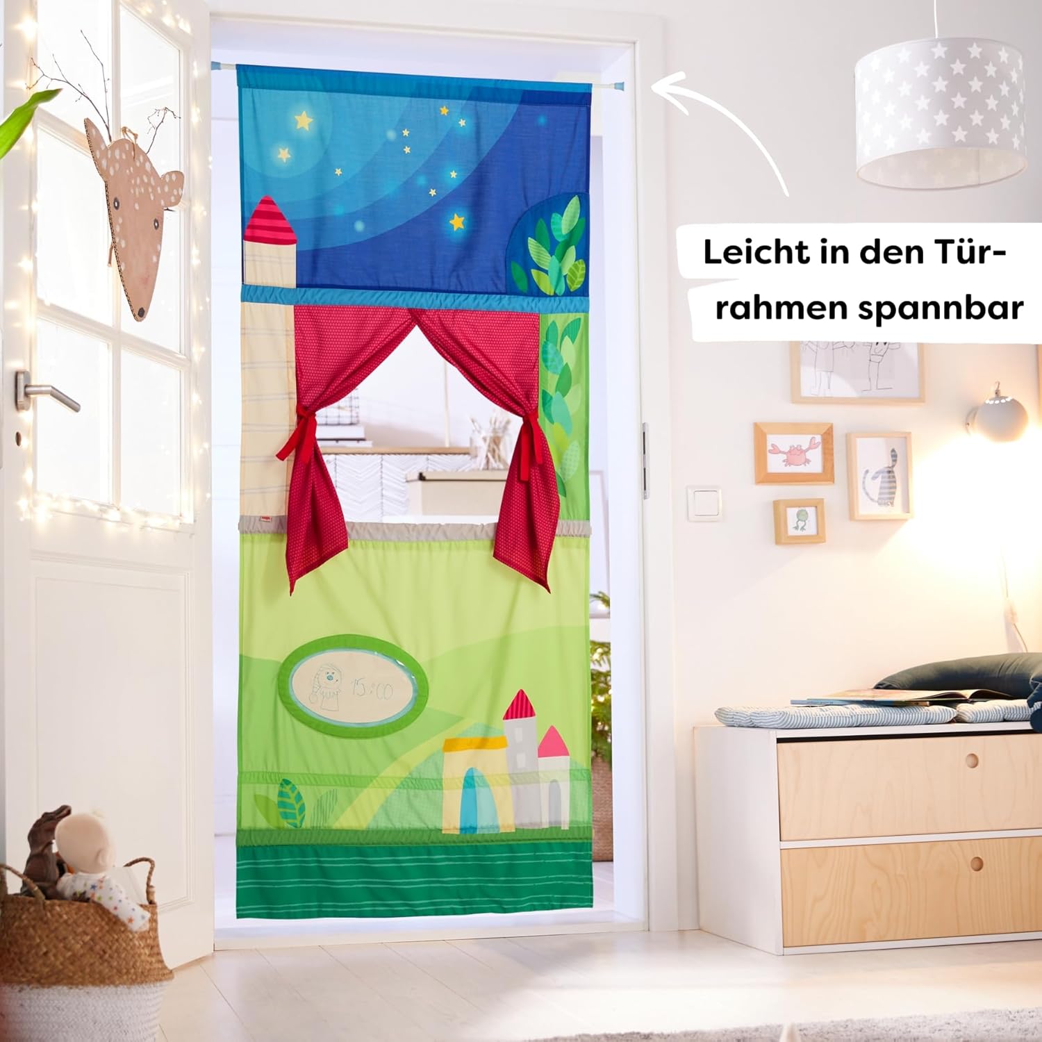 HABA Flexible Puppet Theatre Door Theatre with Telescopic Bar, Easy Fixing in Door Frame, Puppet Theatre from 3 Years – 2011845001